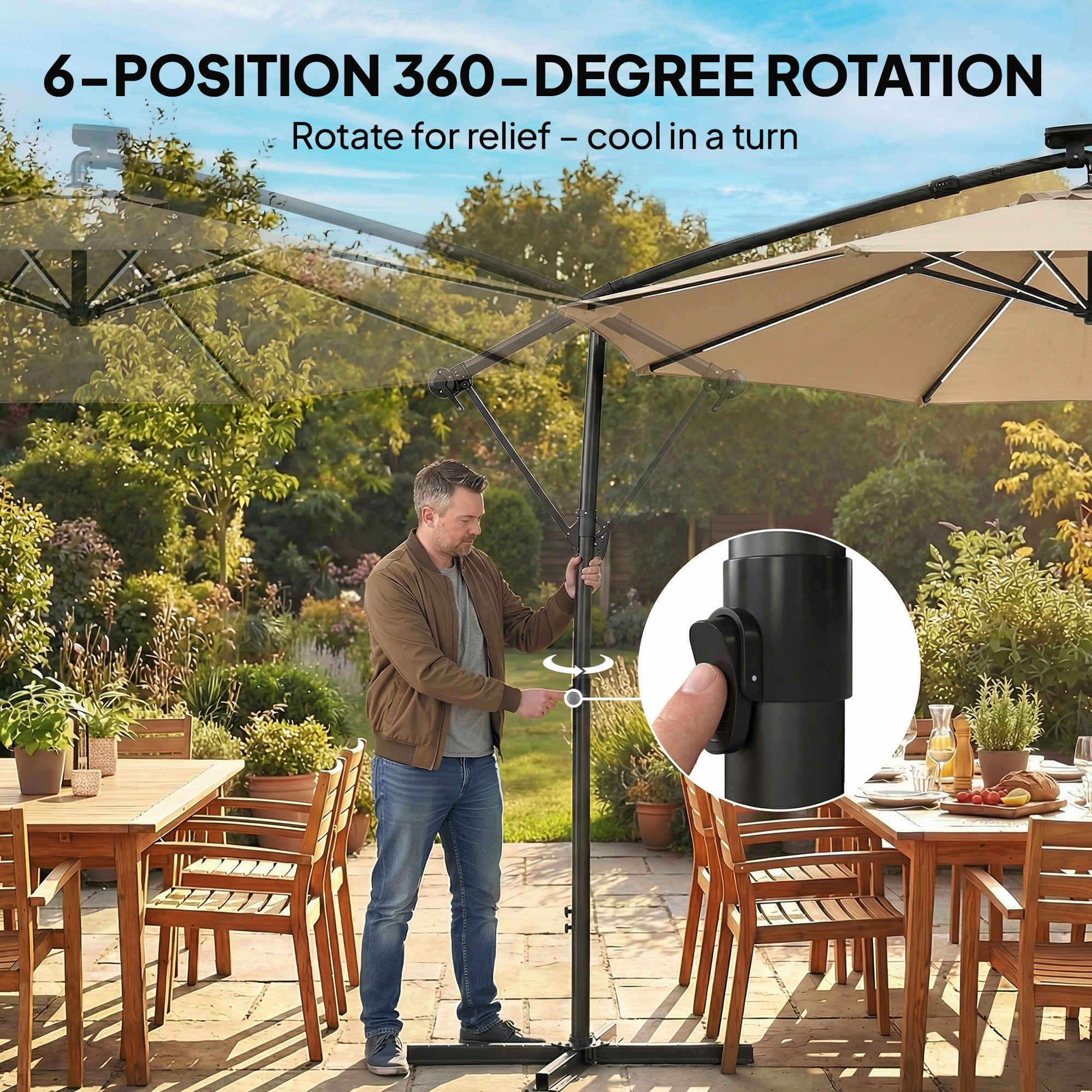 3 m Garden Cantilever Parasol with LED Solar Light, Round Overhanging Umbrella with 360° Rotation, Cover, Khaki