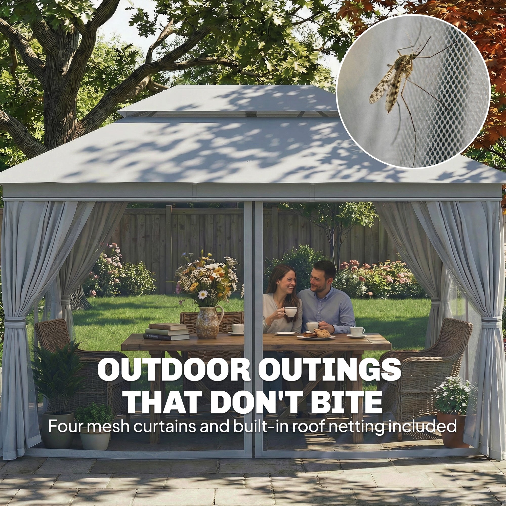 3 x 4 m Outdoor Garden Gazebo with Netting and Curtains, UPF50+ Patio Gazebo Permanent Pavilion Canopy, Dark Grey