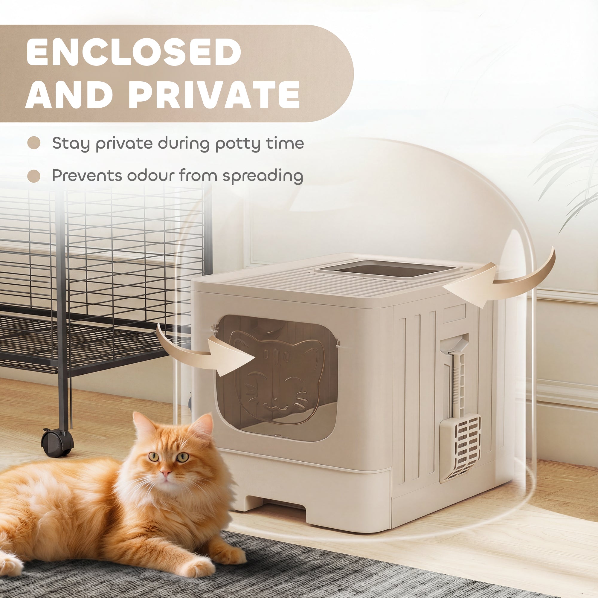 Cat Litter Box with Lid, Slide-Out Drawer, Scoop, Easy Clean, Odour Control, Anti-Splashing, Khaki