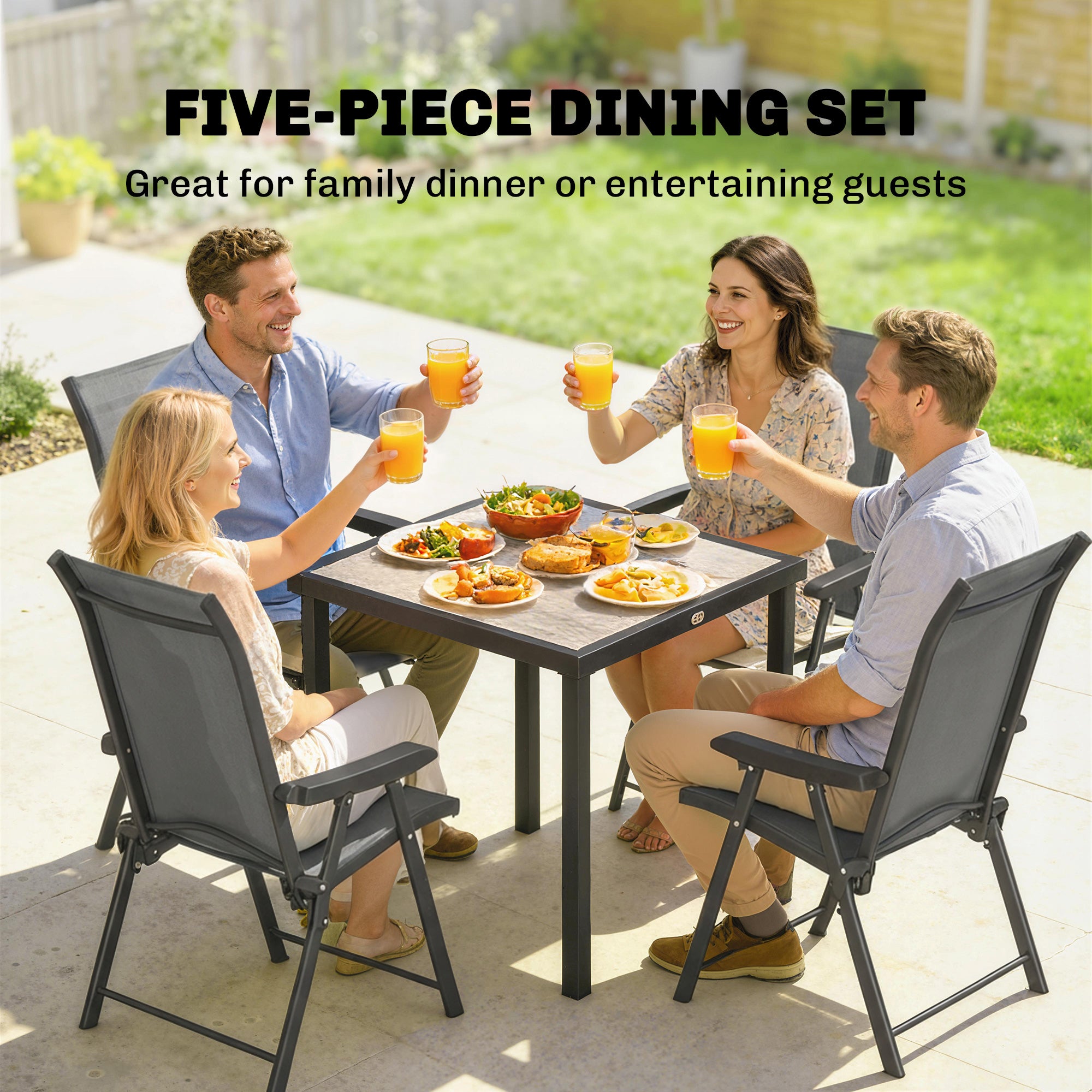 5 Pieces Outdoor Dining Set, Garden Dining Set for 4 with Square Table and Folding Chairs, Grey