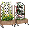 Wooden Planter with Metal Trellis and Wheels 52x25x97cm - Brown Black
