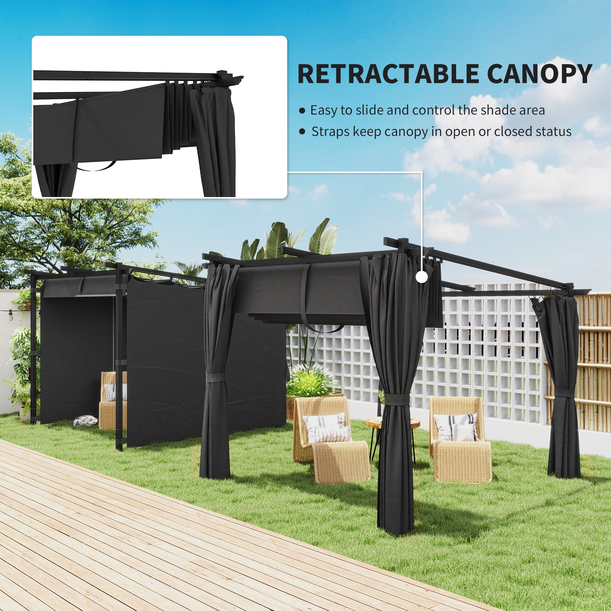 3 x 3 m Retractable Roof Pergola with Curtains - Dark Grey