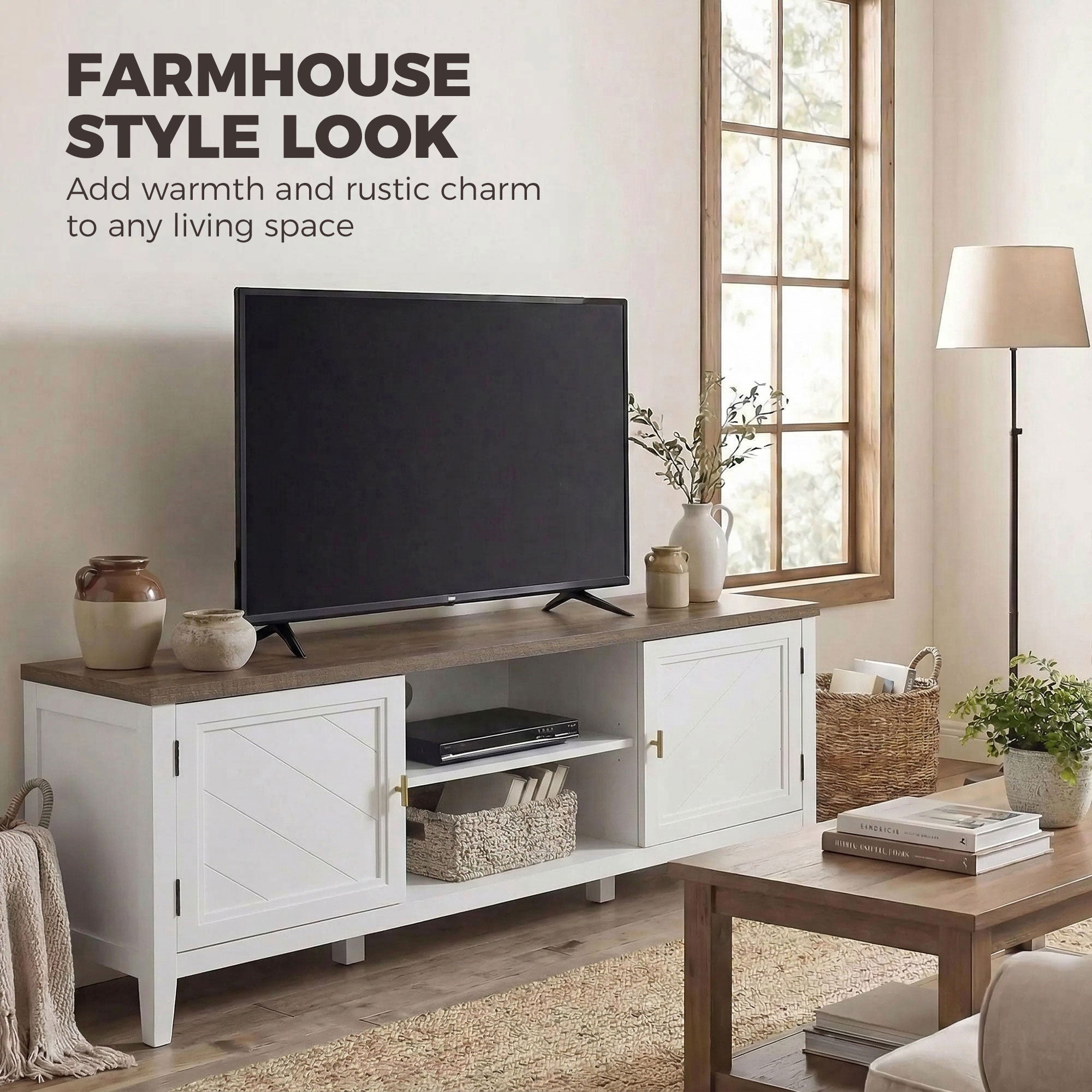 TV Unit for TVs up to 42 Inch, Farmhouse Entertainment Centre with 2 Open Shelves, 2 Cabinets and Thick Top