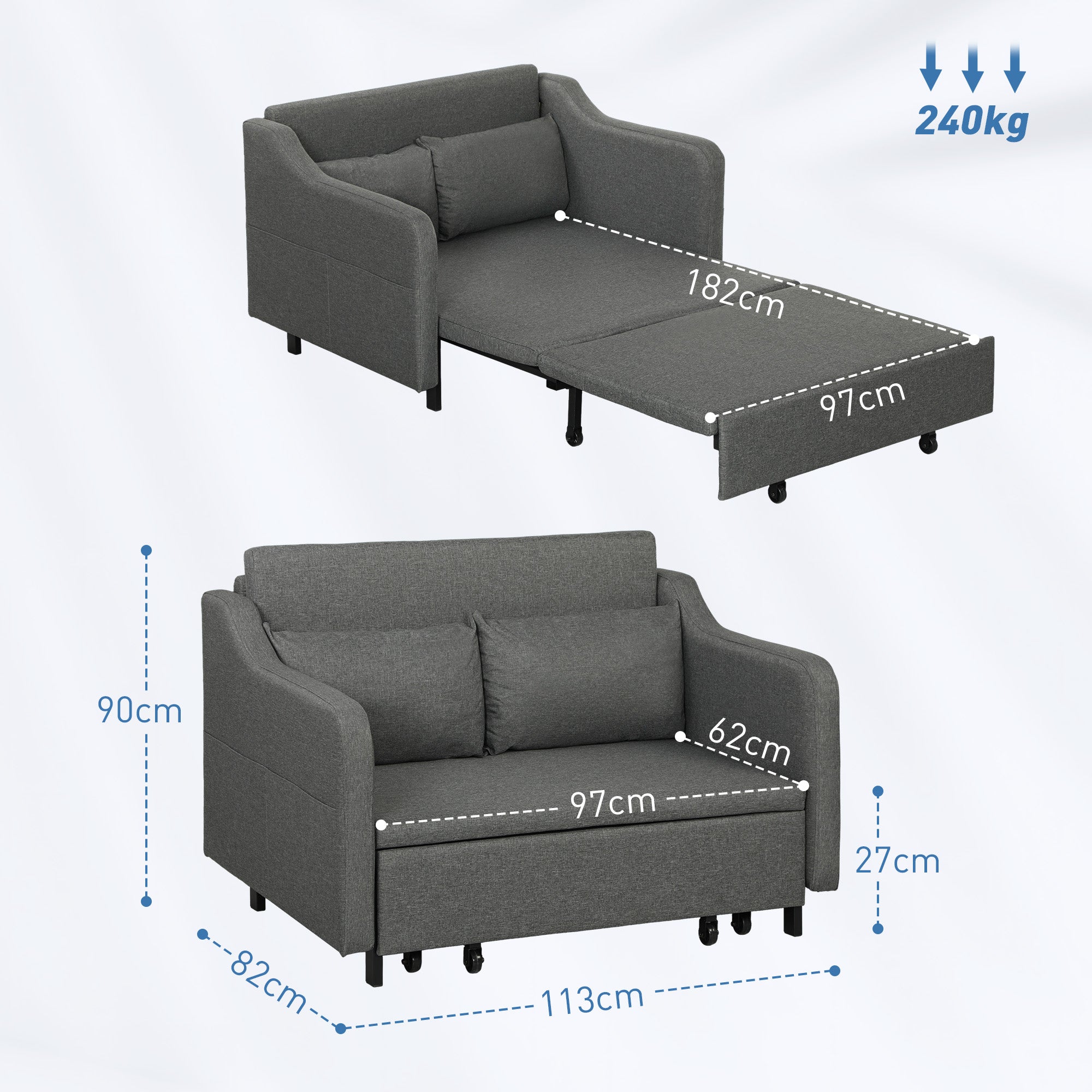 Two-Seater Pull-Out Sofa Bed with Pillows and Storage Pockets - Grey