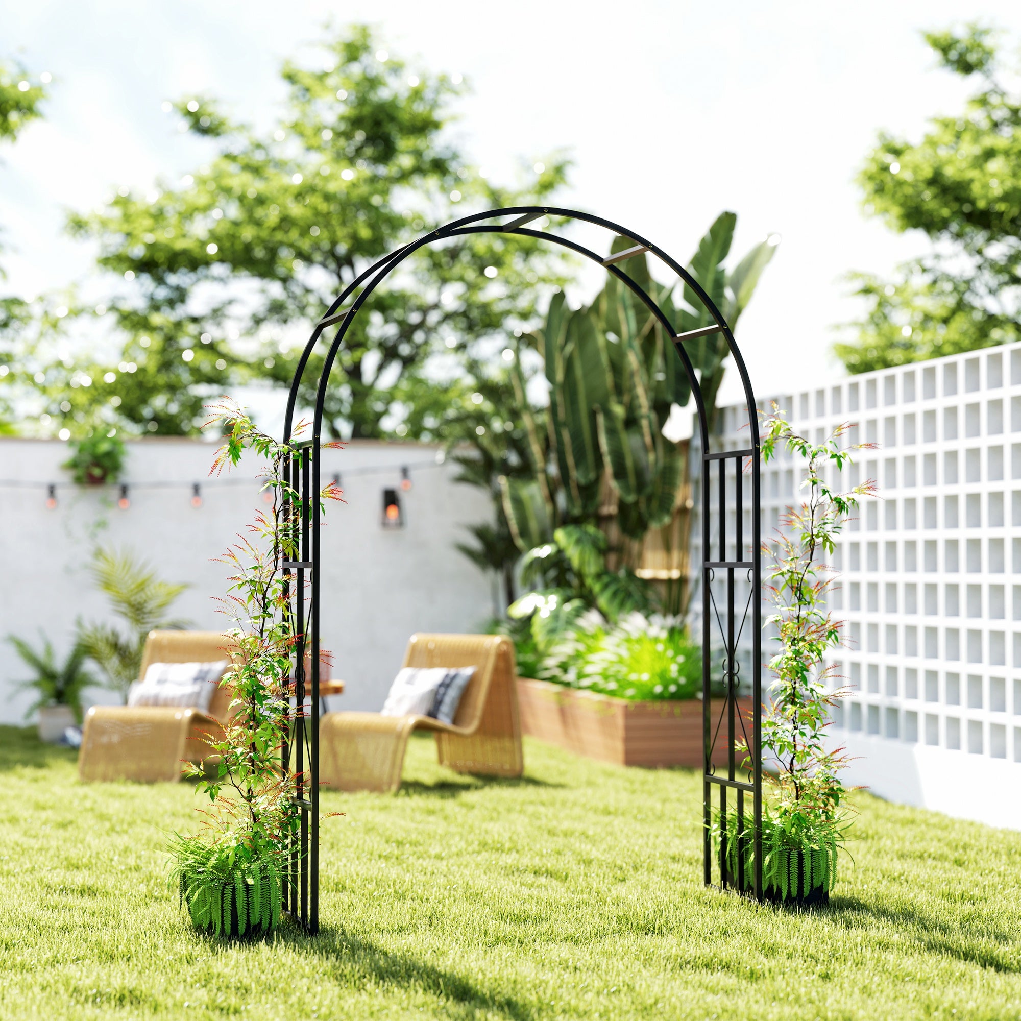 Steel Garden Arch 2.2m x 1.5m Metal Trellis for Climbing Plants and Wedding Decoration - Black