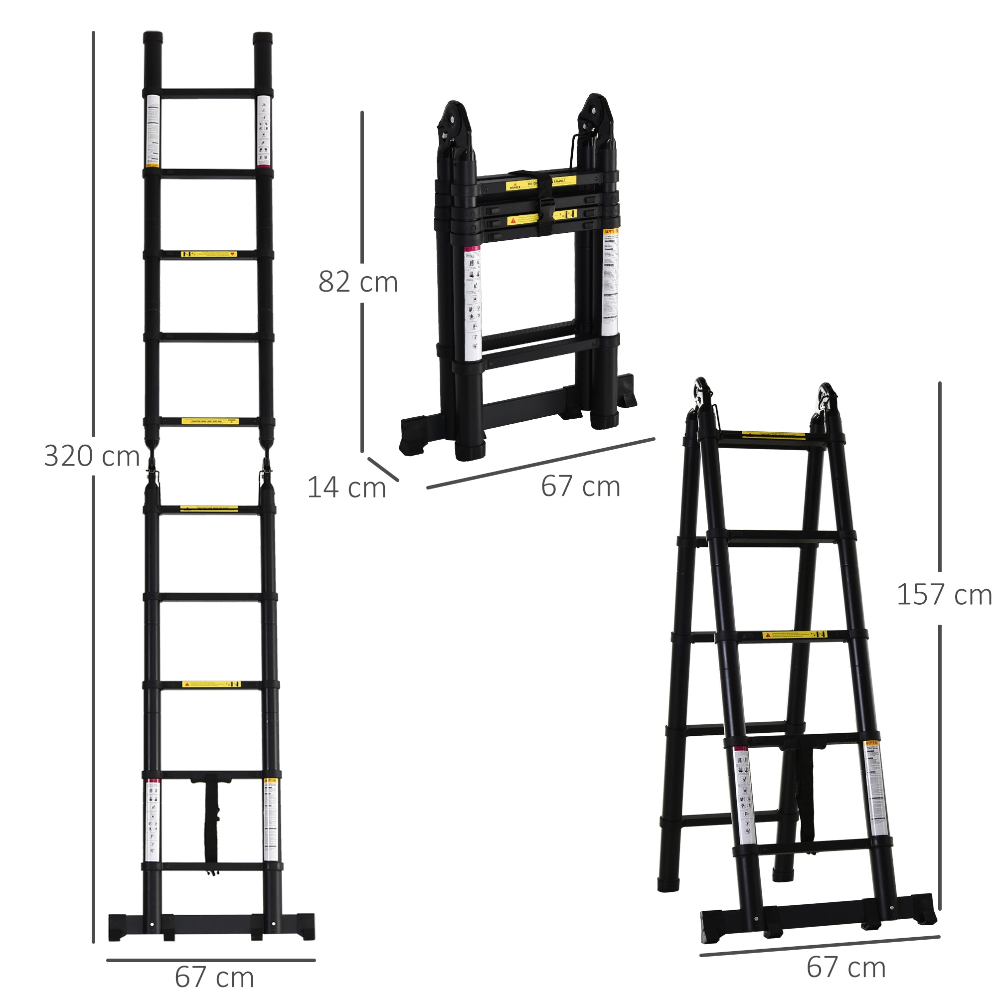 3.2m/10.5ft Telescopic Ladder, Extendable Aluminium Ladder with Anti-slip Pedals, Multi-purpose Portable Foldable 10 Step Ladder, 150kg Capacity, EN131, Black