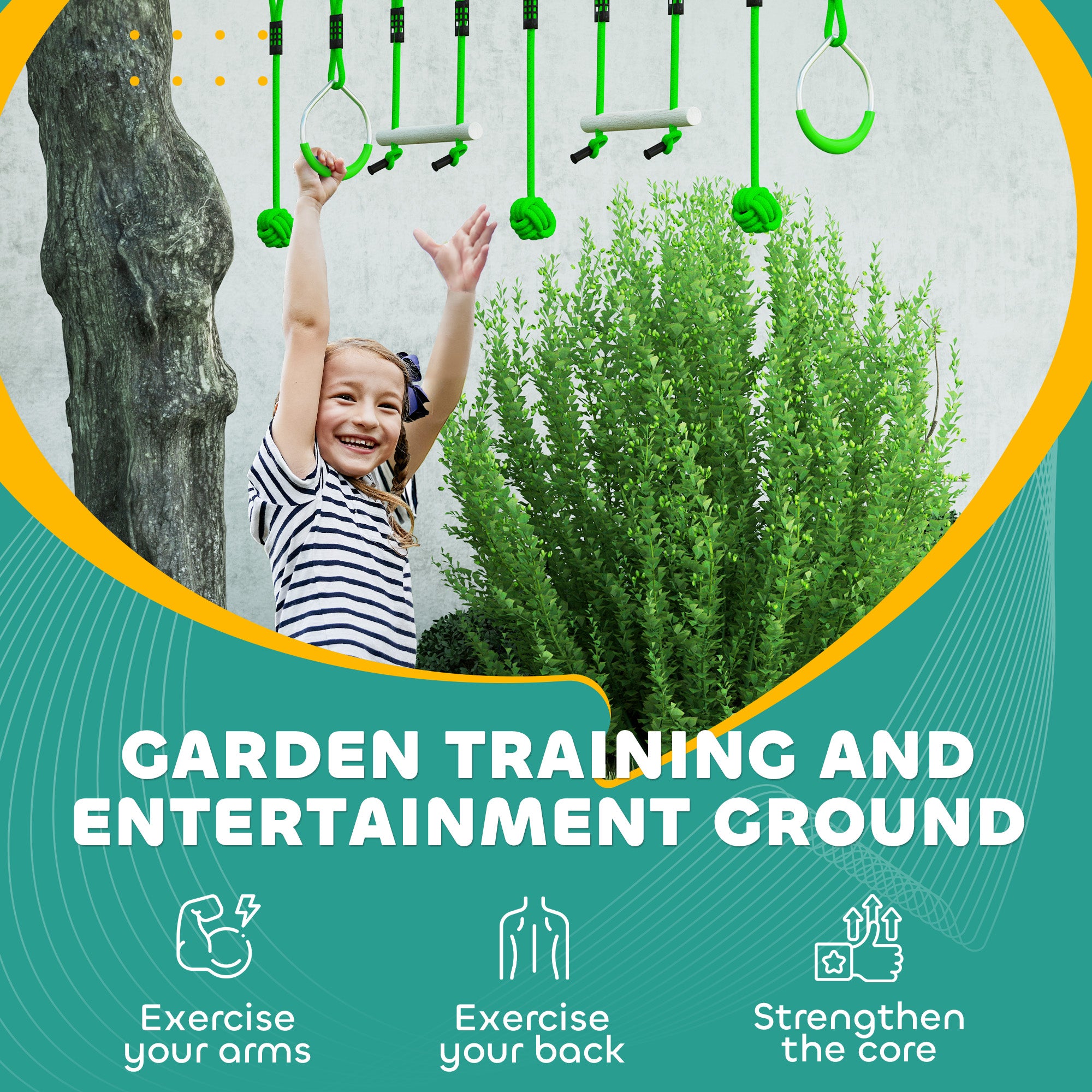 7 Piece Kids Zip Line Kit for Garden, 10m Kids Slackline Kit with Wooden Monkey Bars, Metal Rings, Gripping Balls, Green