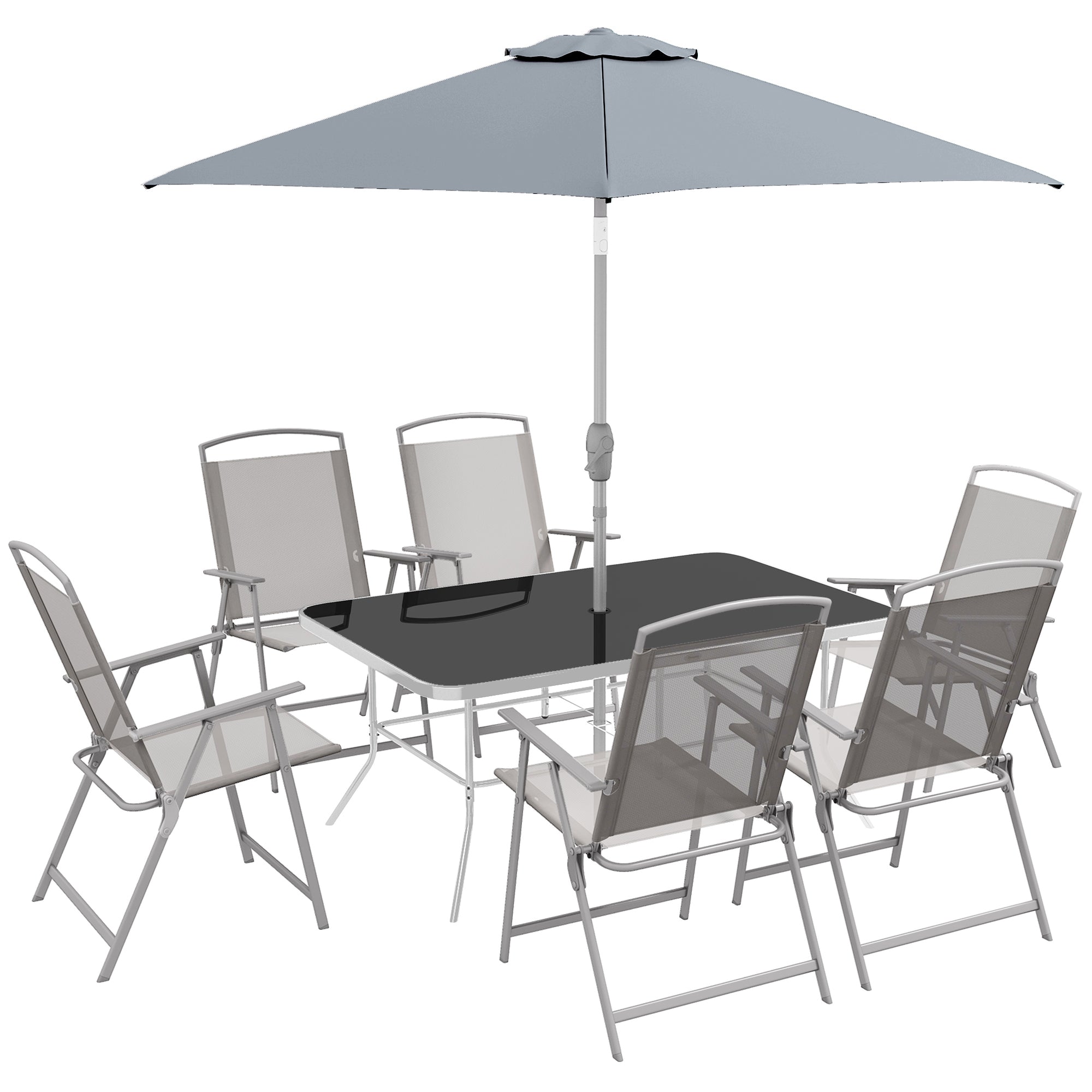 8 Piece Garden Dining Set with Glass Table and Parasol - Grey