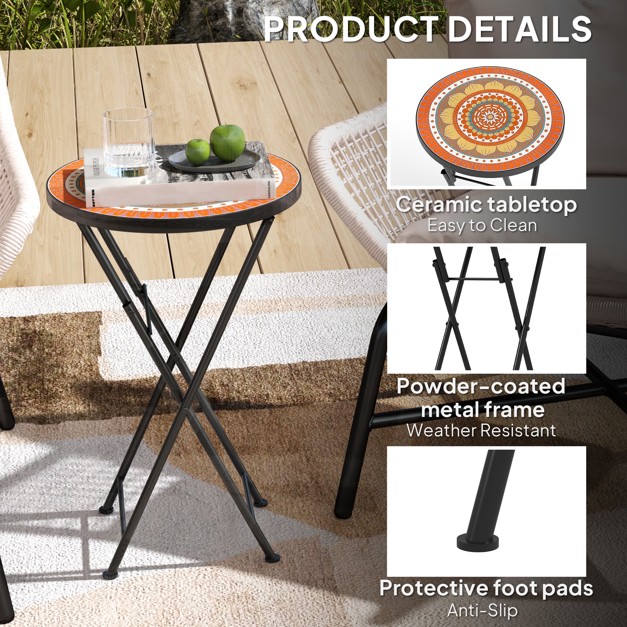 Mosaic Outdoor Garden Table, 35.5cm Round Folding Coffee Table with Metal Frame for Balcony Terrace, Orange