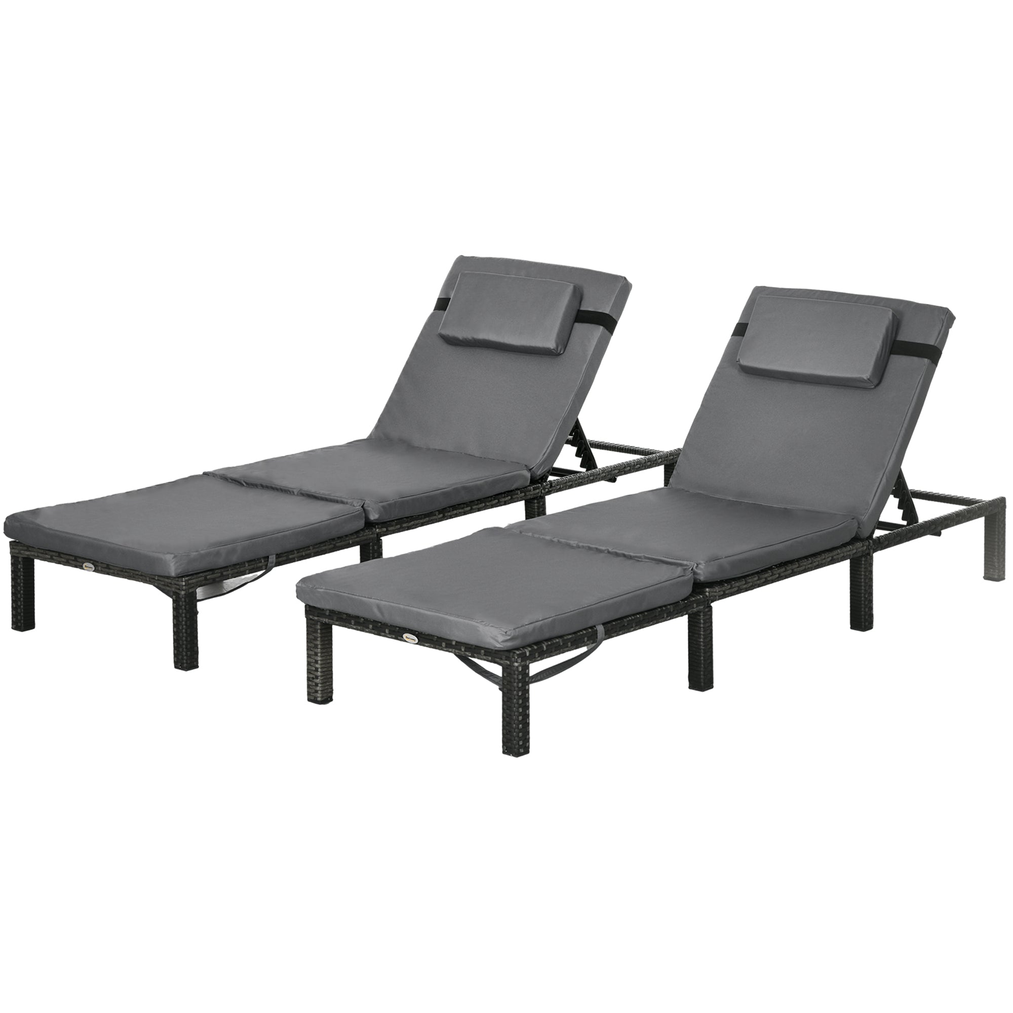 Set of Two Reclining Rattan Sun Loungers, with Cushions - Grey