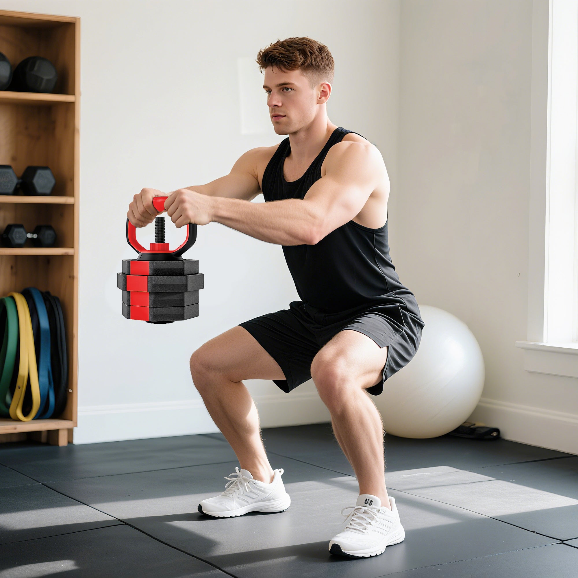 6-in-1 Adjustable Weight Dumbbells Set, Used as Kettlebell, Barbell, Dumbbell, Push-Up Stand, 20kg Free Weights Set for Men and Women Home Gym Training, Red