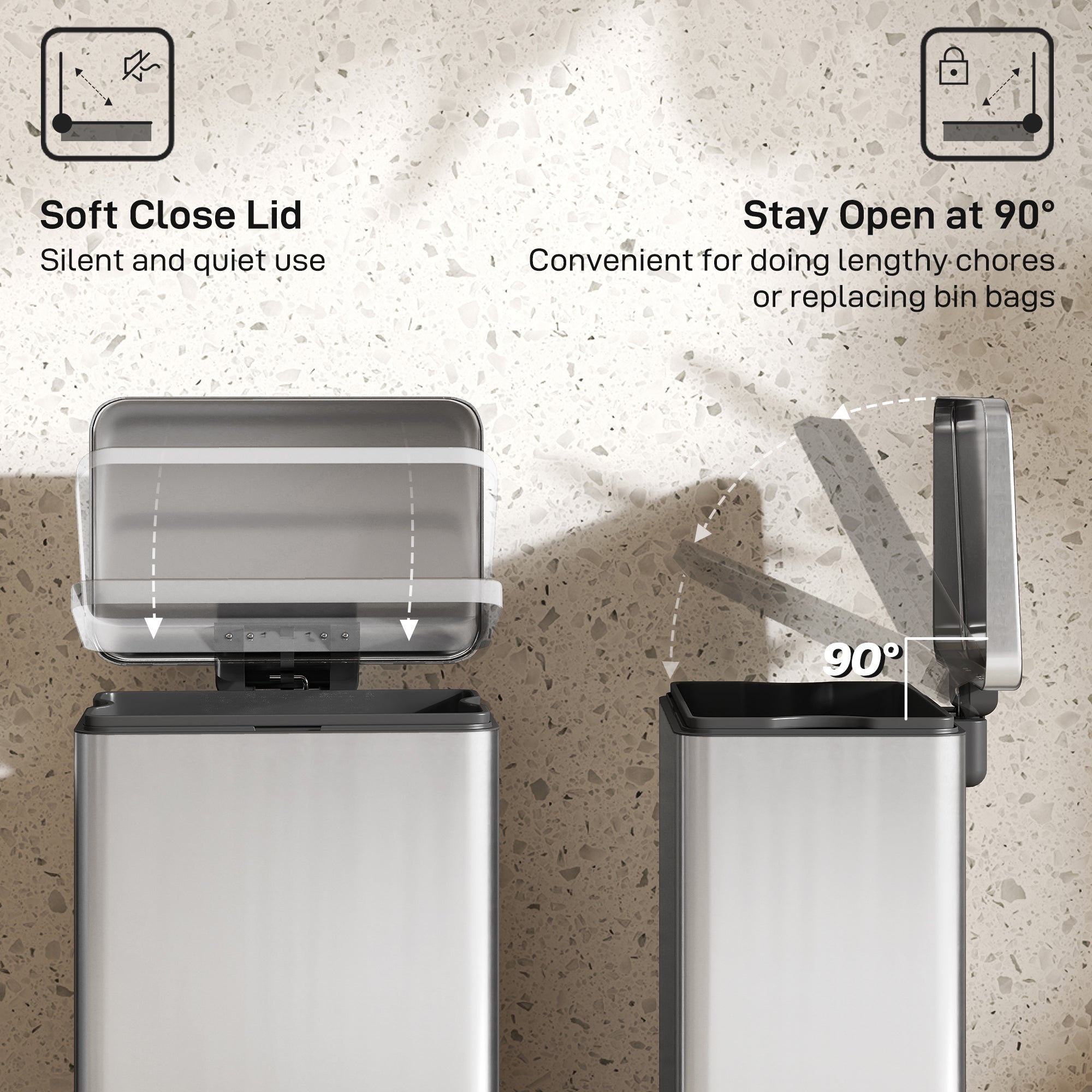 20L Kitchen Bin with Soft-Close Lid and Stay-Open Function, Stainless Steel Pedal Bin with Removable Inner Bucket for Kitchen, Office, Home, Silver Tone