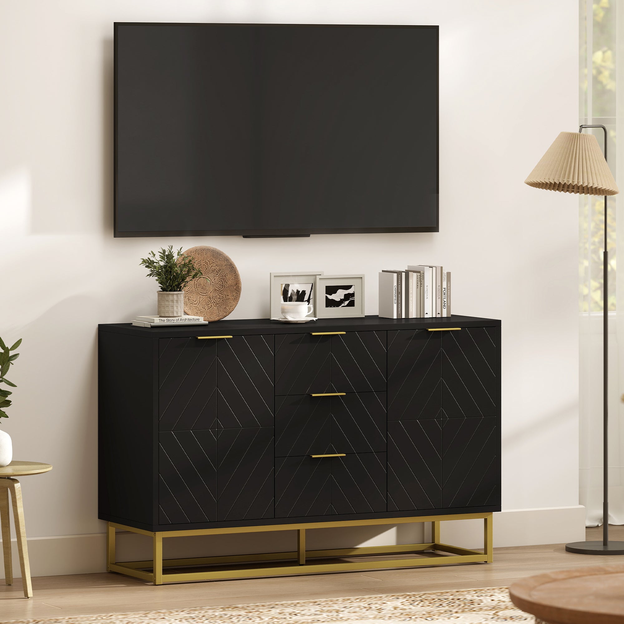 Sideboard with 3 Drawers and Adjustable Shelves for Living Room - Black