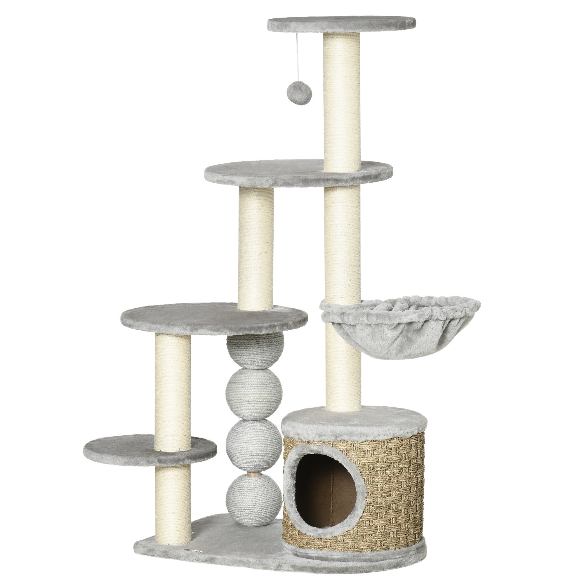 Multi Level Cat Tree, with Scratching Post, Toy Ball, Cat House and Hammock - Light grey