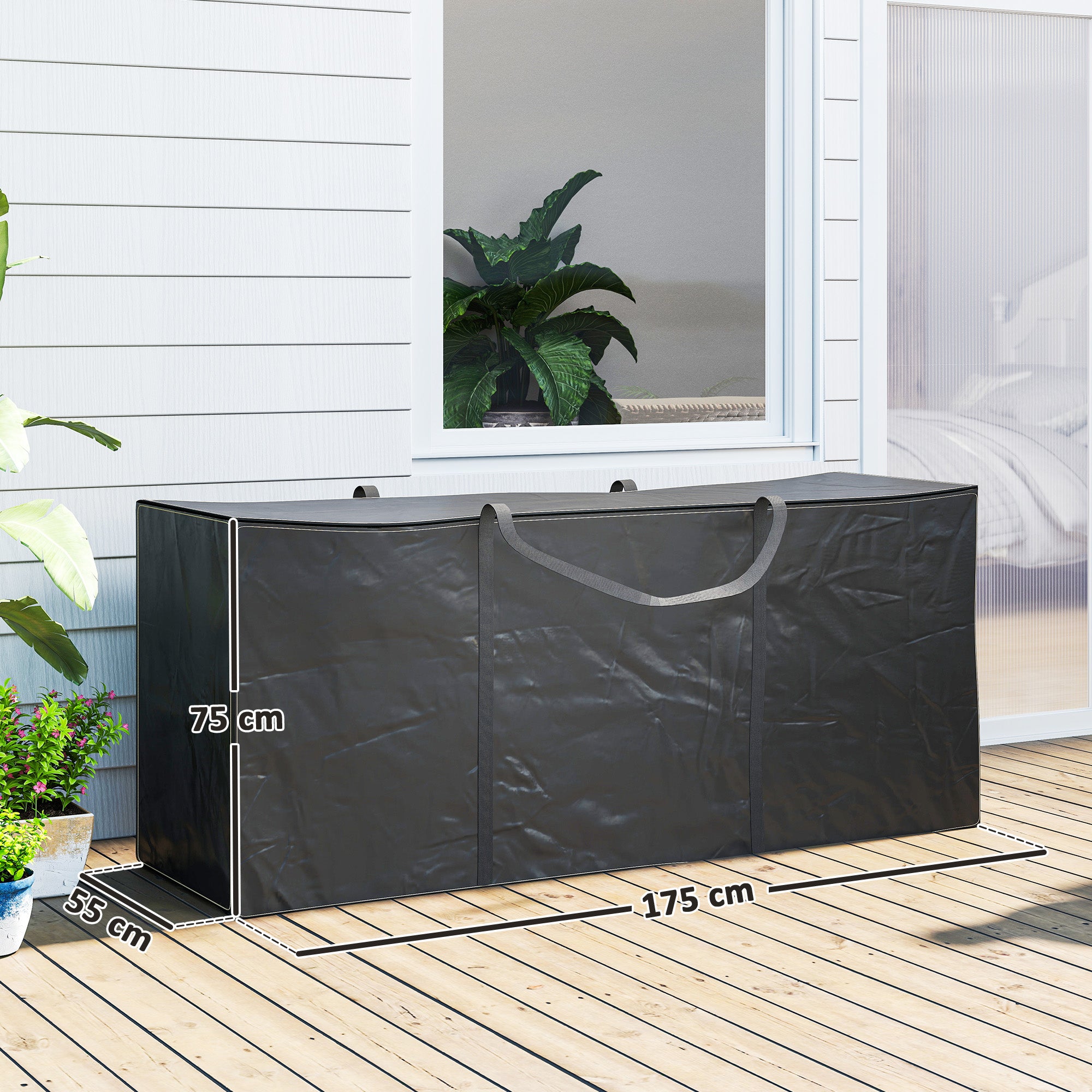 720 L Outdoor Garden Cushion Storage Bag, Heavy Duty 600D Oxford Fabric Waterproof Garden Furniture Cushion Storage Bag with 2-Way Zip for Tent, Christmas Tree, 175 x 55 x 75 cm, Black