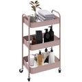 Three-Tier Steel Storage Trolley with Wheels and Handles - Pink