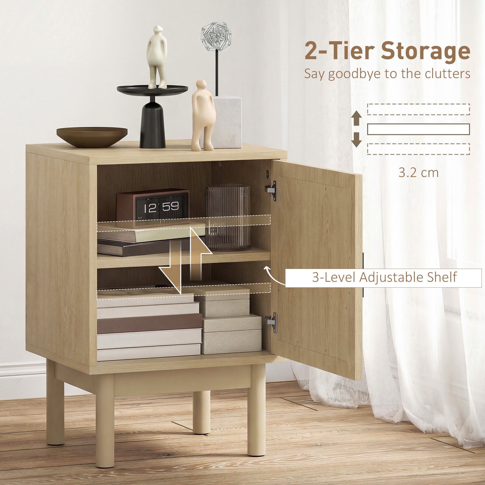 Rattan Bedside Table for Bedroom - Natural Wood