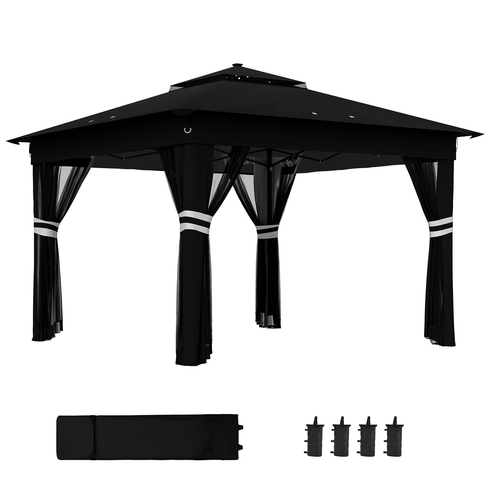 3 x 3 Metre Pop Up Gazebo with Solar LED Lights and Netting - Black