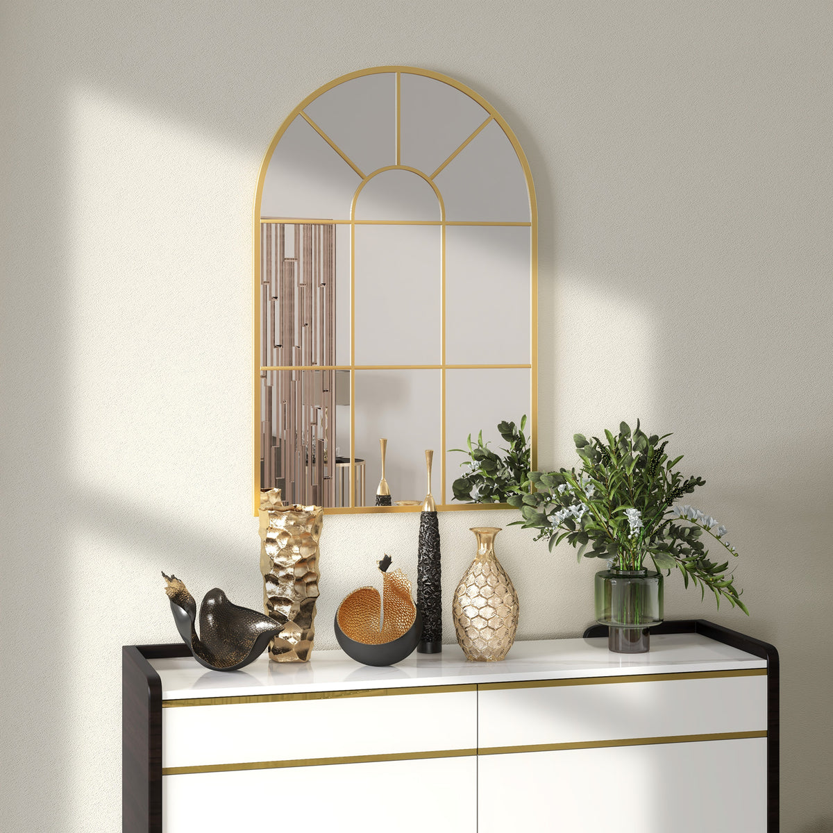 Modern Arched Wall Mirror 91 x 60 cm with Grid Frame - Gold Tone