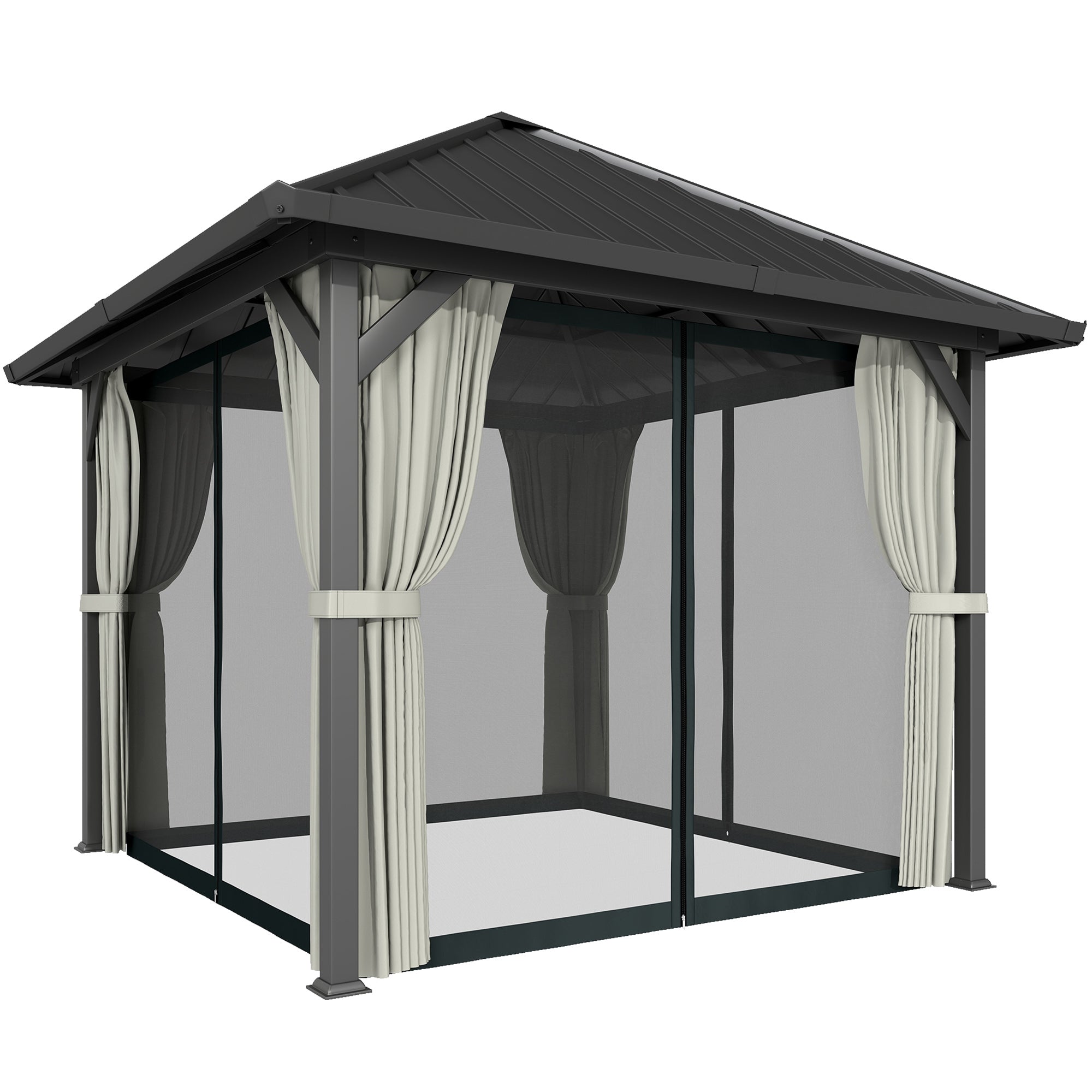 3 x 3(m) Hardtop Gazebo with Galvanised Steel Roof and Water Gutter, Waterproof Permanent Pavilion Garden Gazebo with Netting and Curtains for Patio, Deck, Black