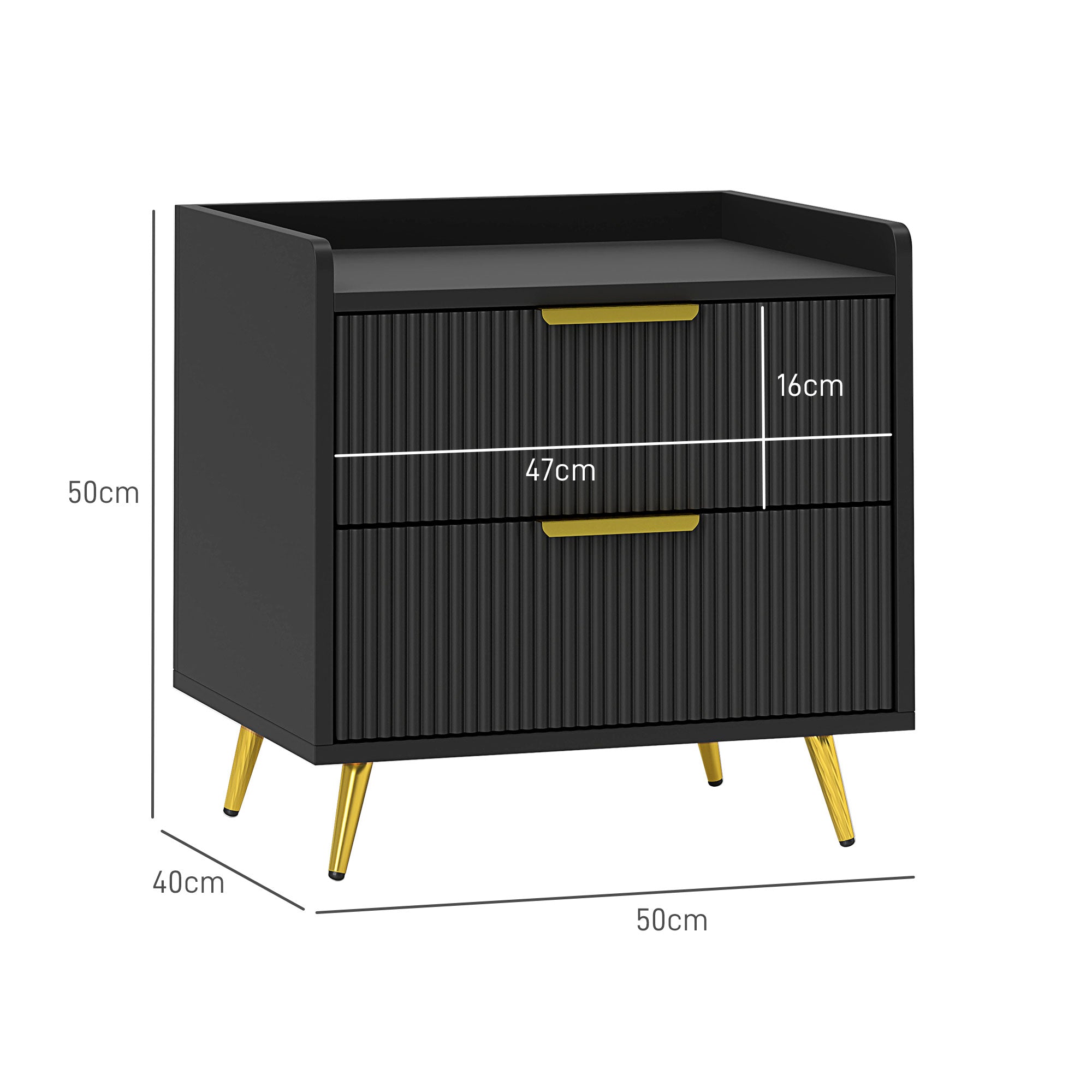 Elegant Two-Drawer Bedside Table with Gold Handles - Black