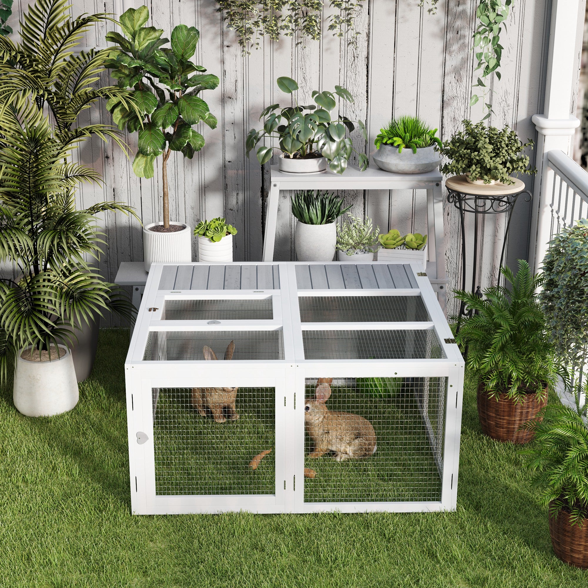 Rabbit Hutch with Openable Foldable Roof, Light Grey