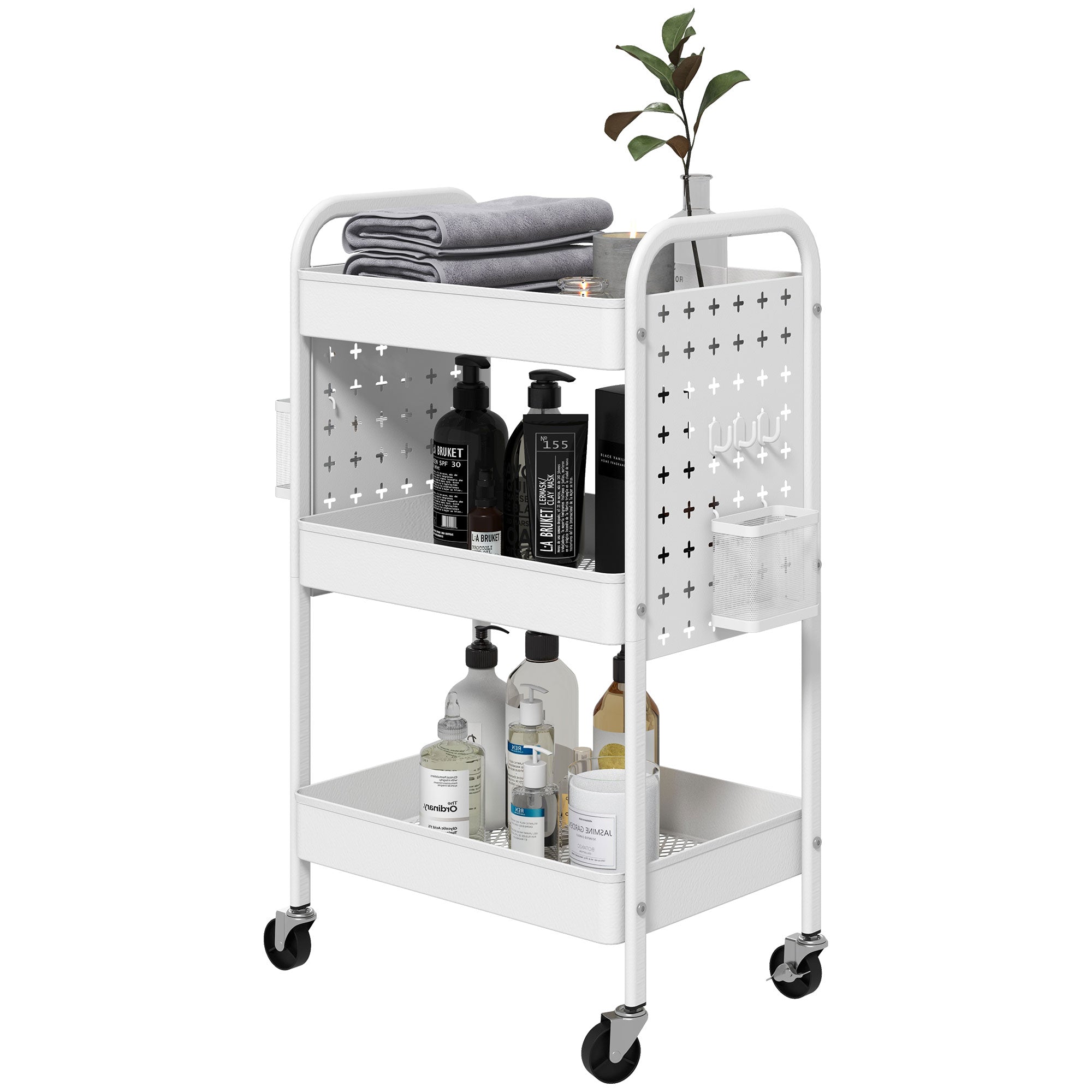 3-tier Storage Trolley on Wheels, Rolling Utility Serving Cart with 3 Mesh Baskets, 2 Hanging Boxes and 6 Hooks for Living Room, Kitchen, White