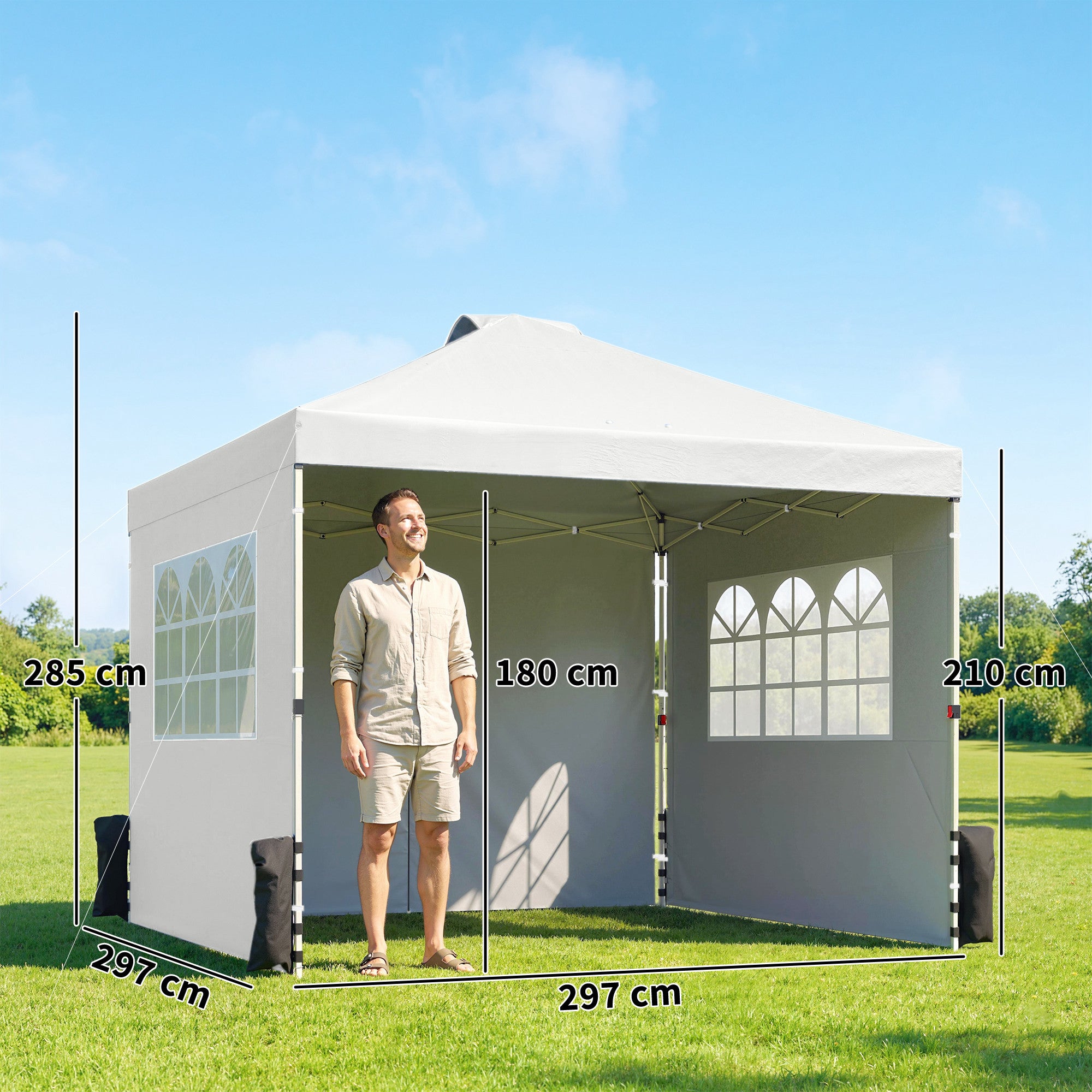 Pop Up Gazebo Waterproof Height Adjustable Canopy with 3 Sidewalls Wheeled Bag for Parties 3 x 3 m White