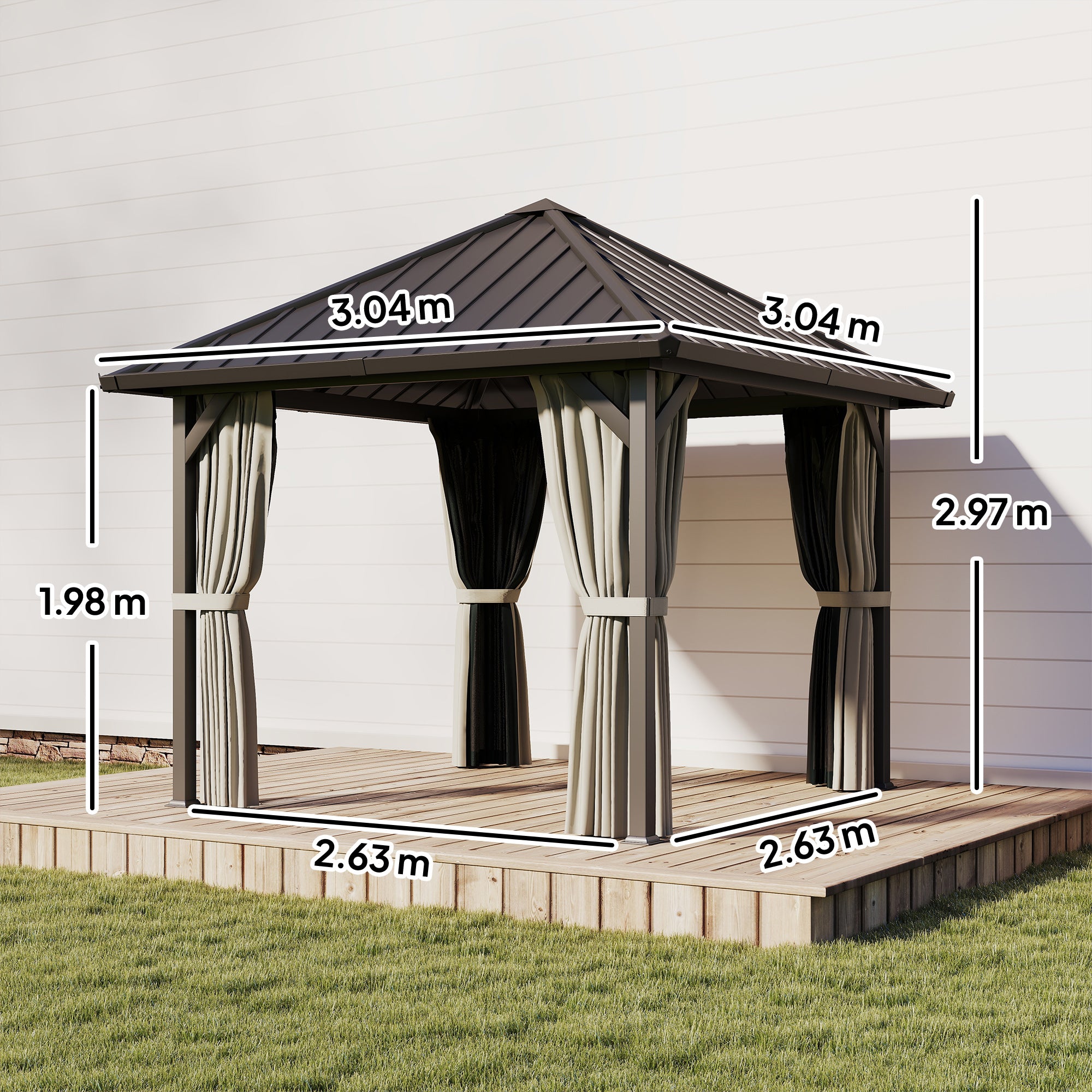 3 x 3(m) Hardtop Gazebo with Galvanised Steel Roof and Water Gutter, Waterproof Permanent Pavilion Garden Gazebo with Netting and Curtains for Patio, Deck, Black