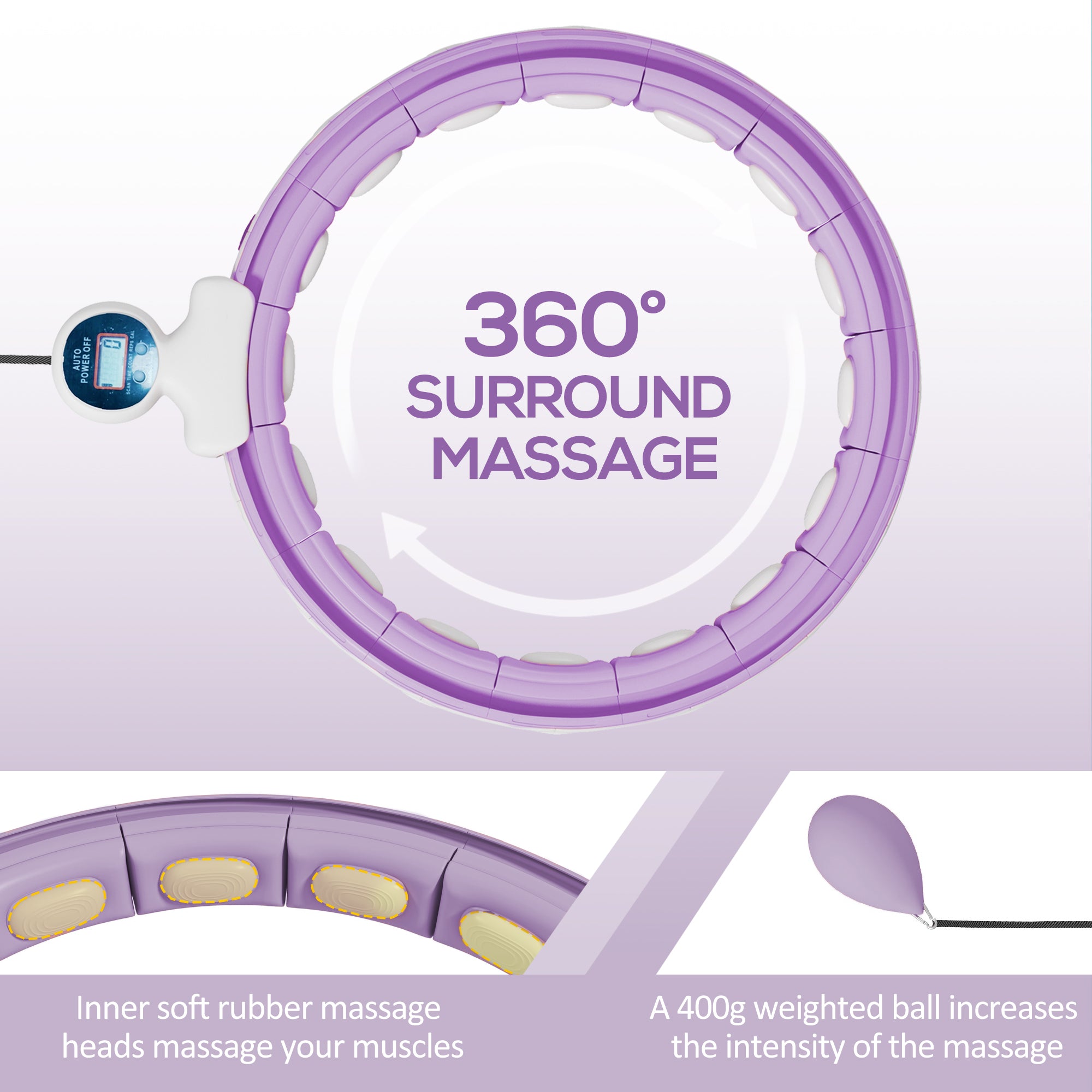 Smart Weighted Hula Hoop, Massage Hula Ring w/ 16 Detachable Knots, 360° Auto-Rotating Ball, Digital Counter, Purple