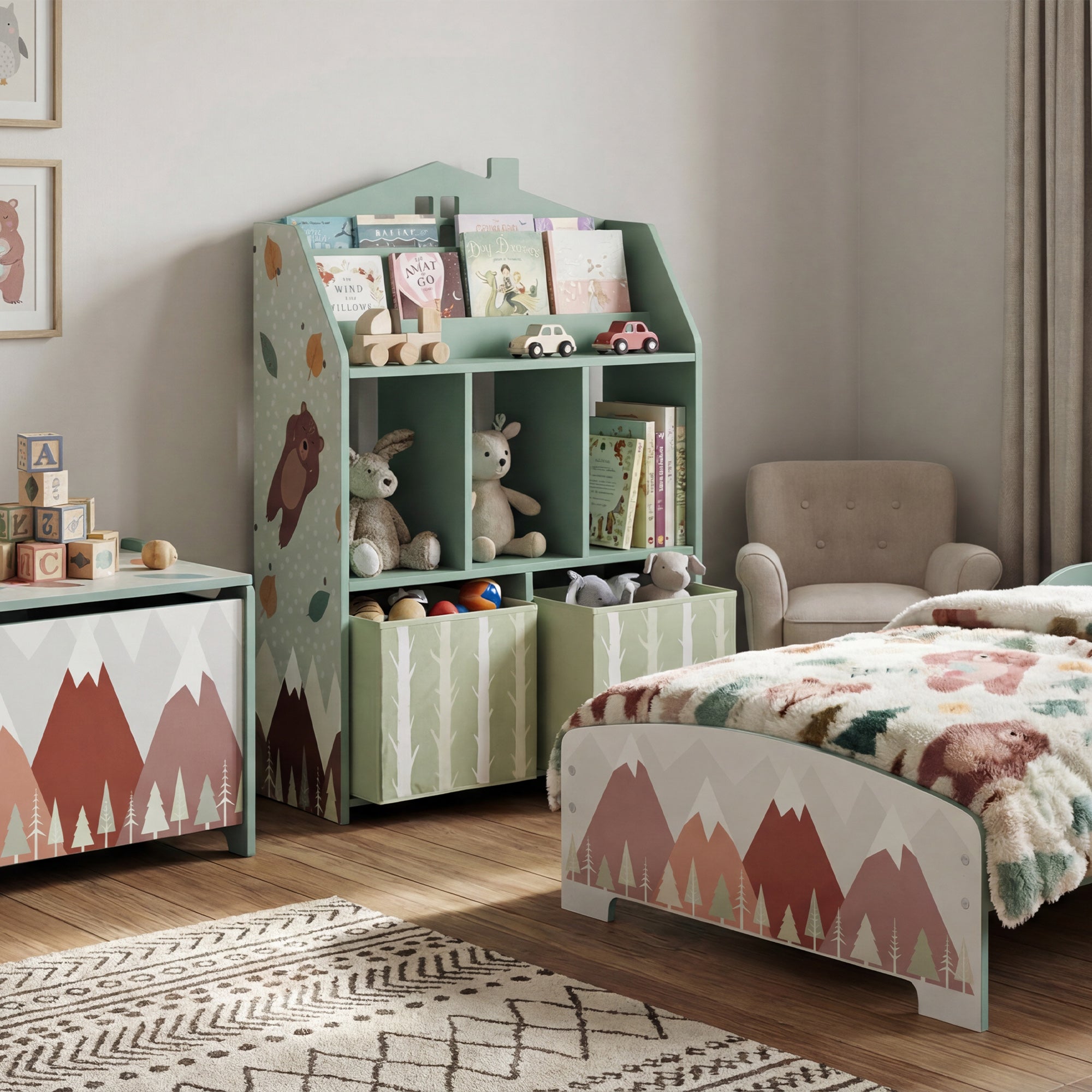 Kids Bookshelf with Storage, Toy Storage Unit with Book Display, Shelves and Fabric Drawers for Playroom Nursery, Green