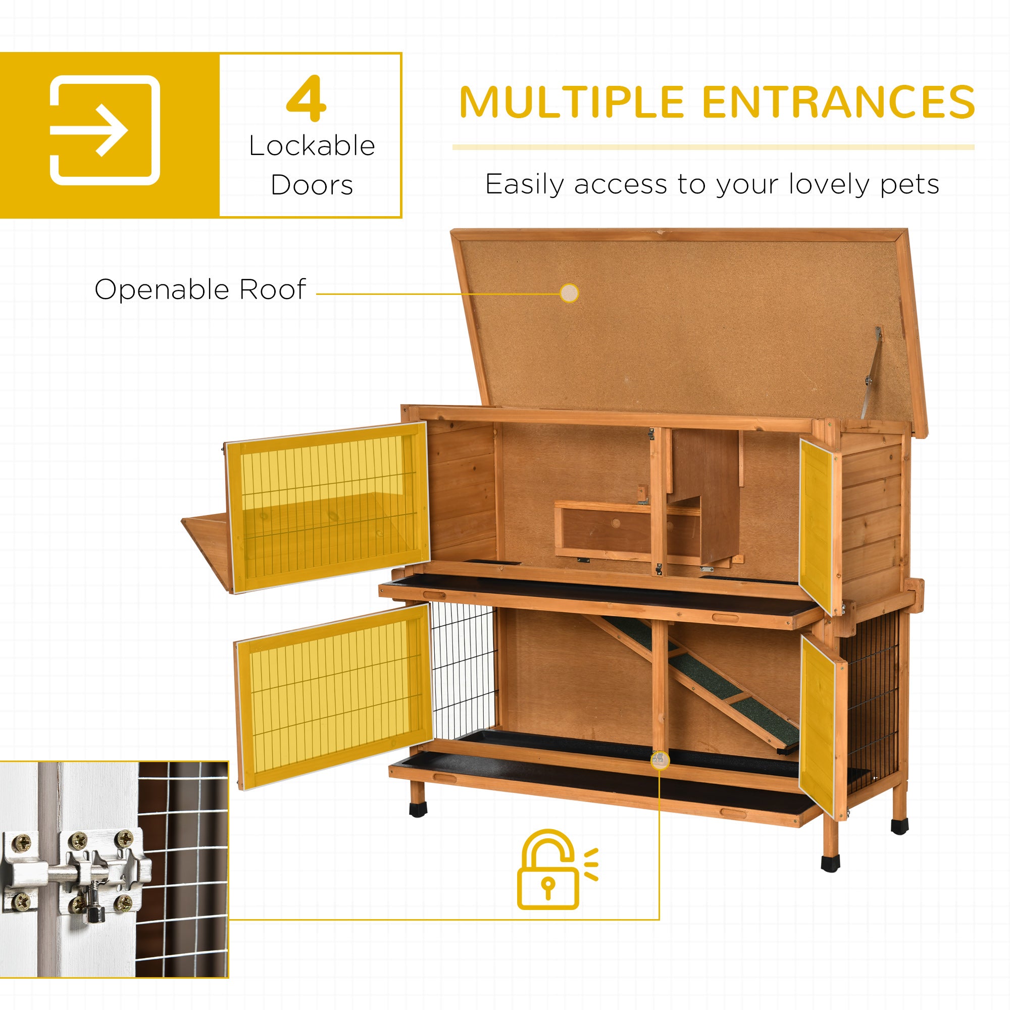 2-Tier Double Decker Rabbit Hutch Wooden Guinea Pig House Pet Cage Outdoor with Sliding-out Tray, Asphalt Roof, Ramp, Feeding Shelf, Handle, 120x50x104cm, Orange