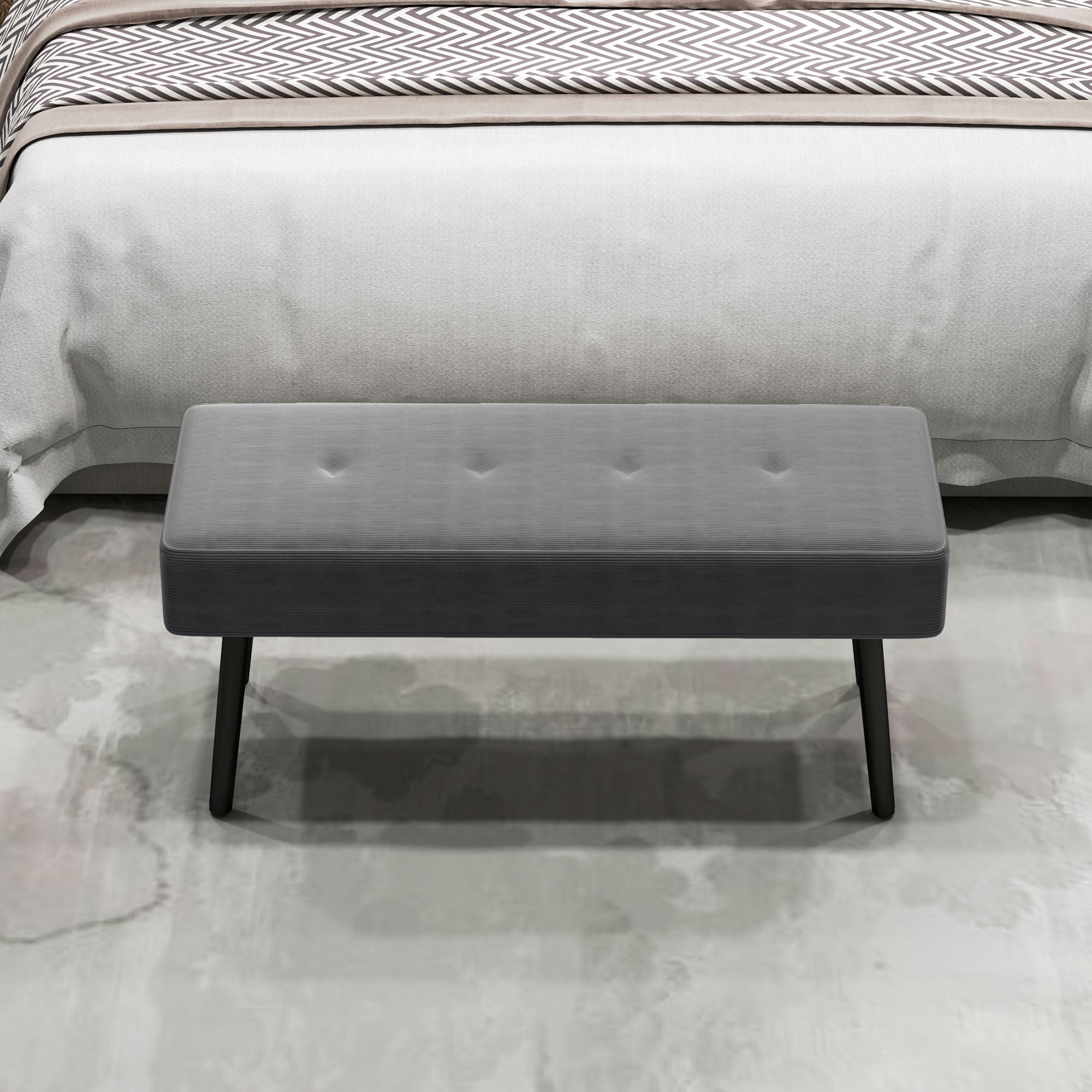 Corduroy End of Bed Bench with Thick Padding and Steel Legs - Grey