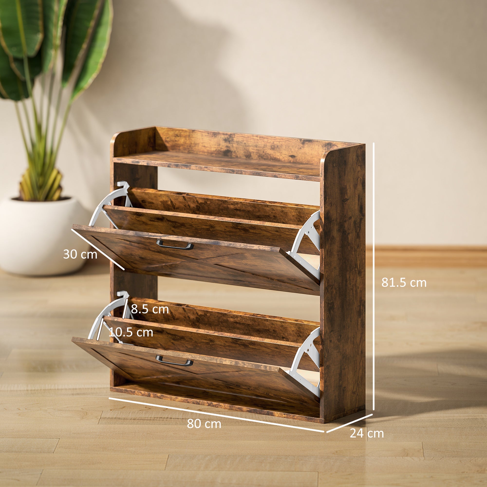 Two Flip Drawer Narrow Shoe Cabinet with Adjustable Shelves - Rustic Brown