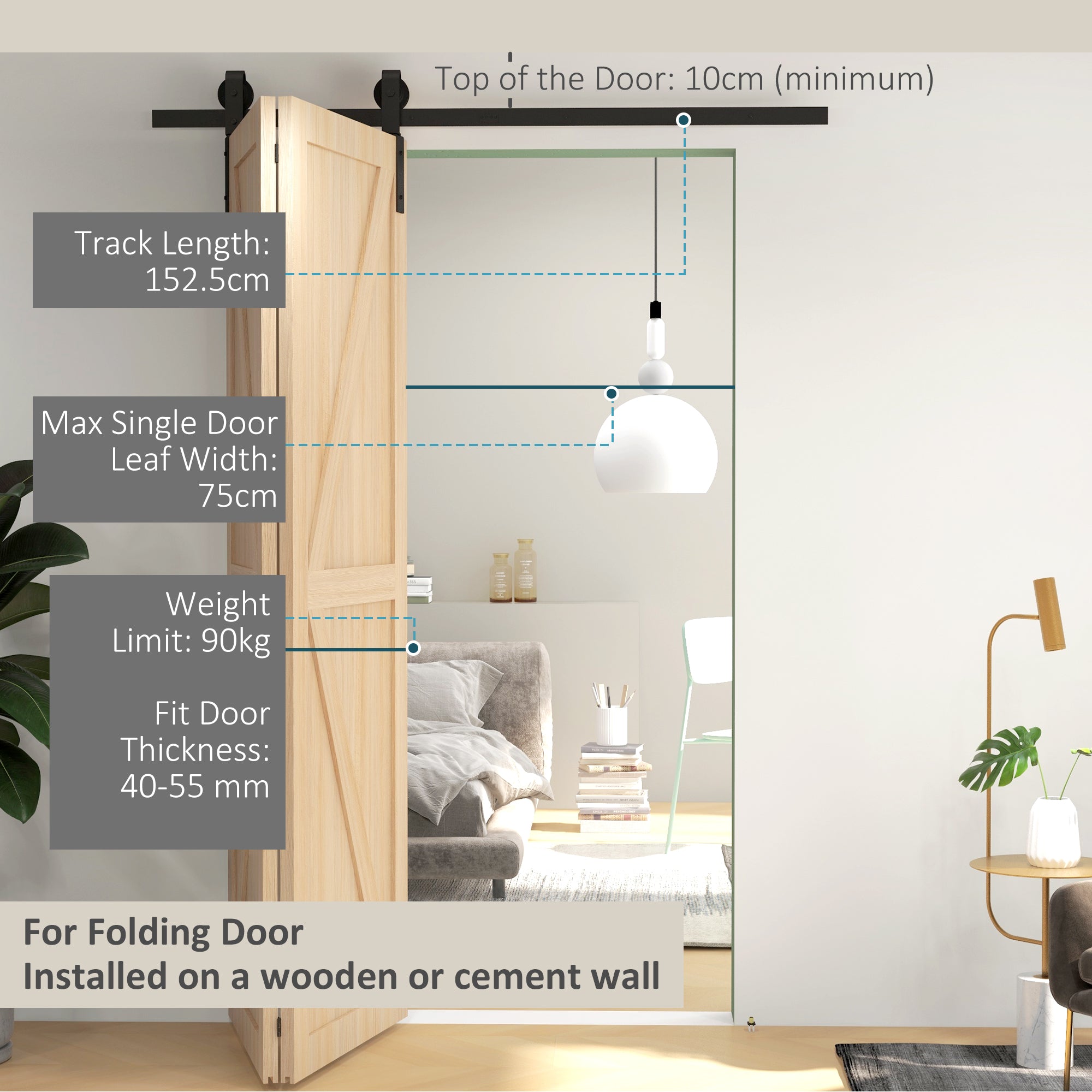 5ft Bi-Folding Sliding Barn Door Hardware Kit - Black