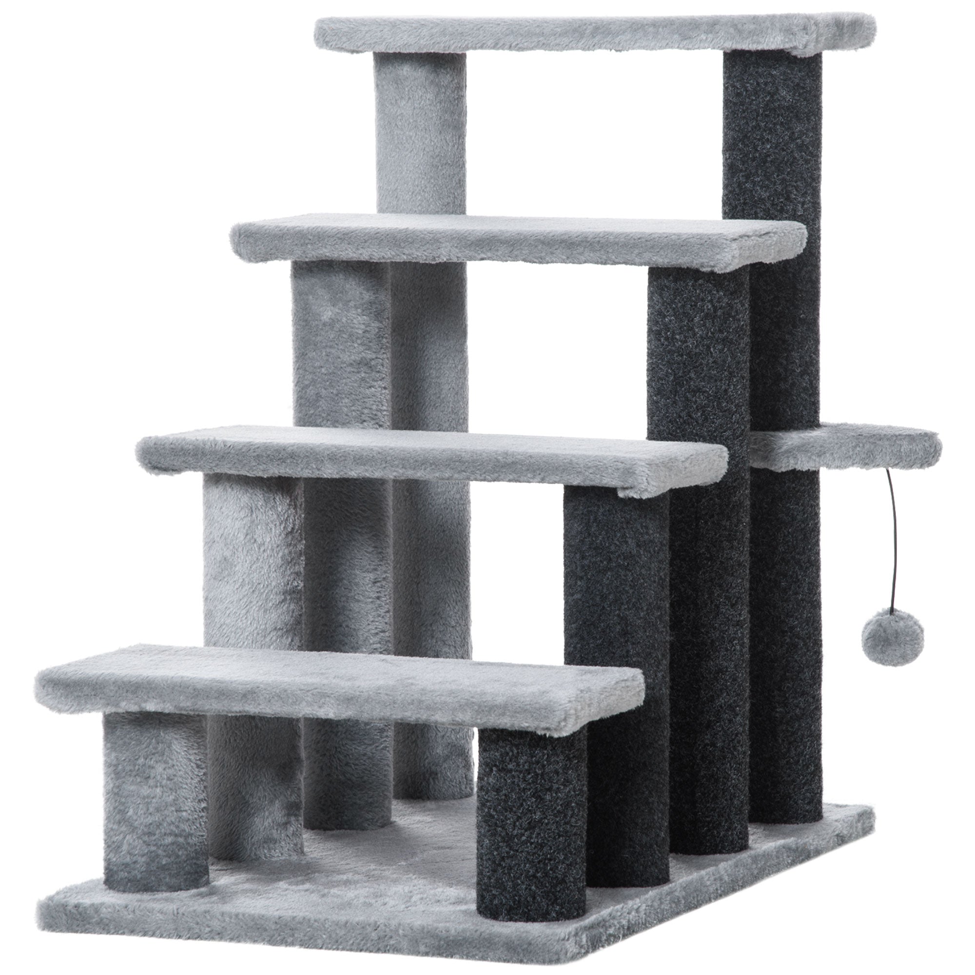 4-step Pet Stairs with Scratching Posts, Platforms, Toy Ball, Grey