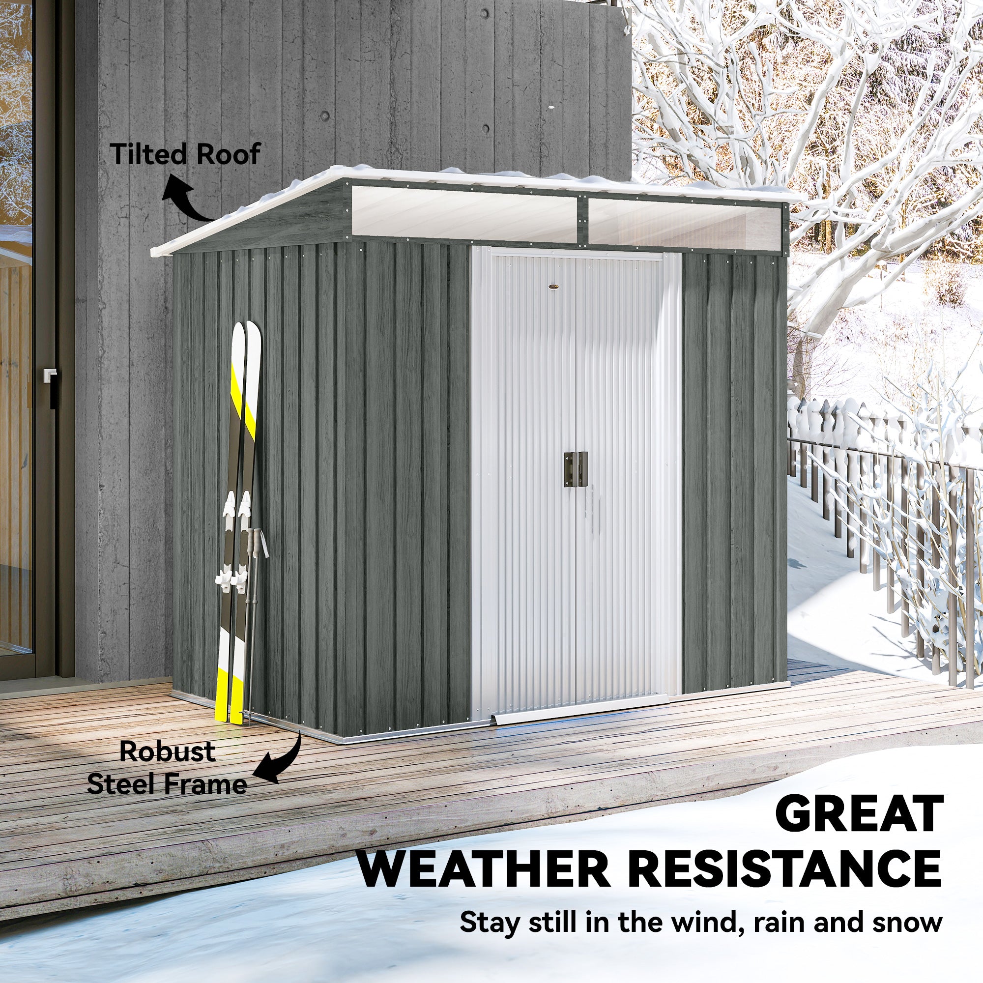 6.5 x 4FT Galvanised Metal Shed with Foundation Kit, Lockable Tool Garden Shed with Double Sliding Doors, Vents, Light Grey Wood Effect