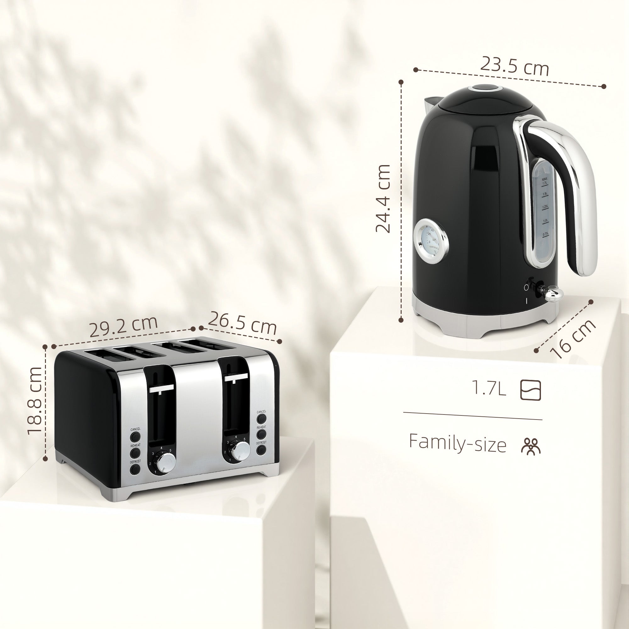 Retro 3000W Kettle and Toaster Set - Black