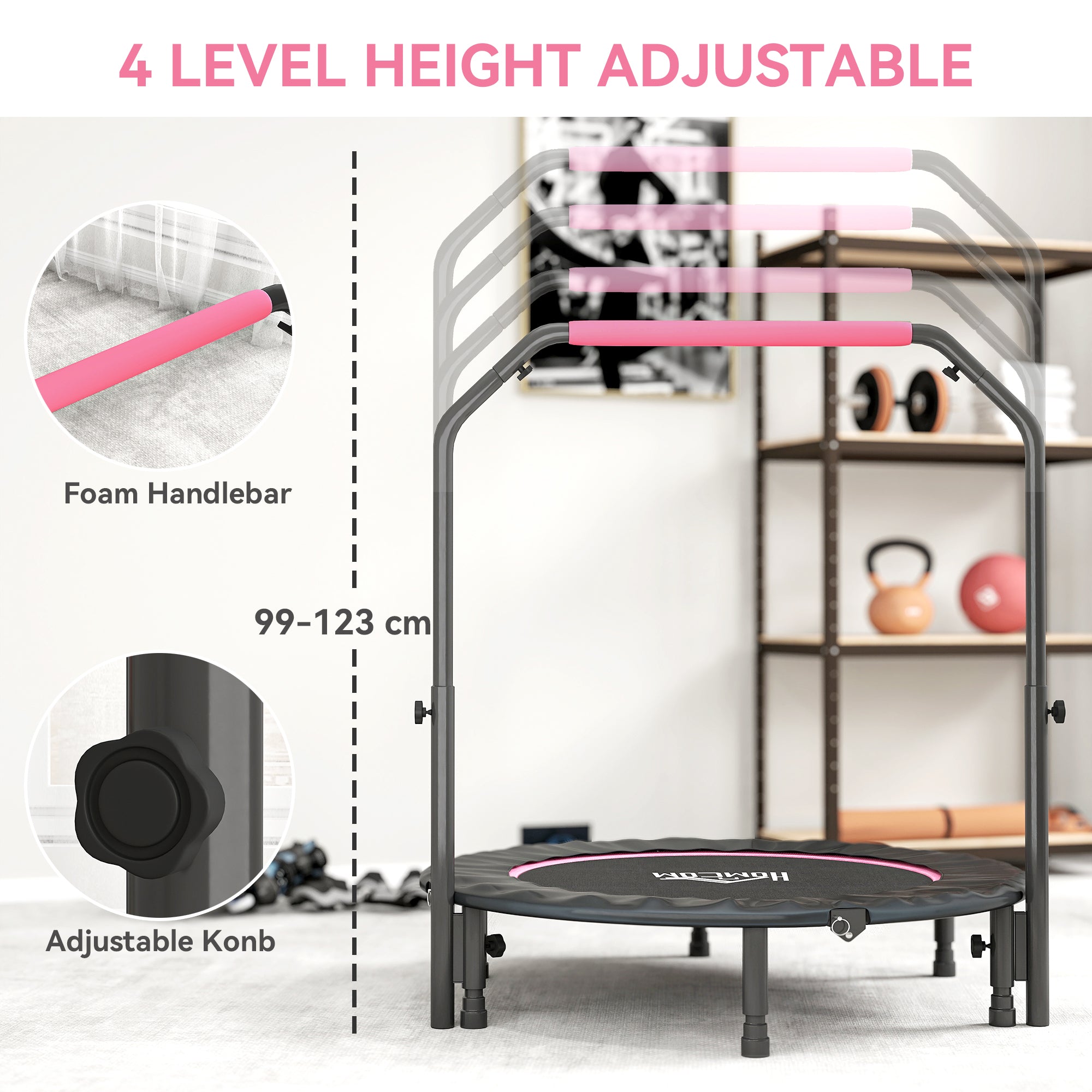 45" Foldable Mini Fitness Trampoline, with Adjustable Foam Handle, Pink