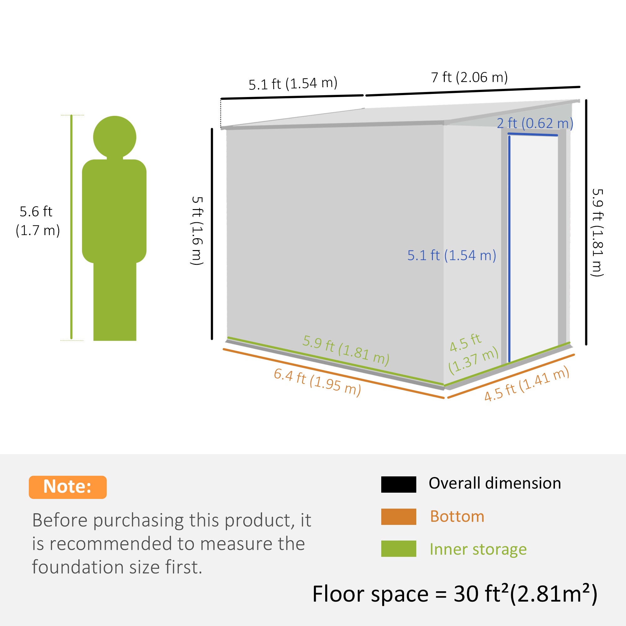 7 x 5ft Galvanised Metal Shed with Sliding Door and Ventilation - Green