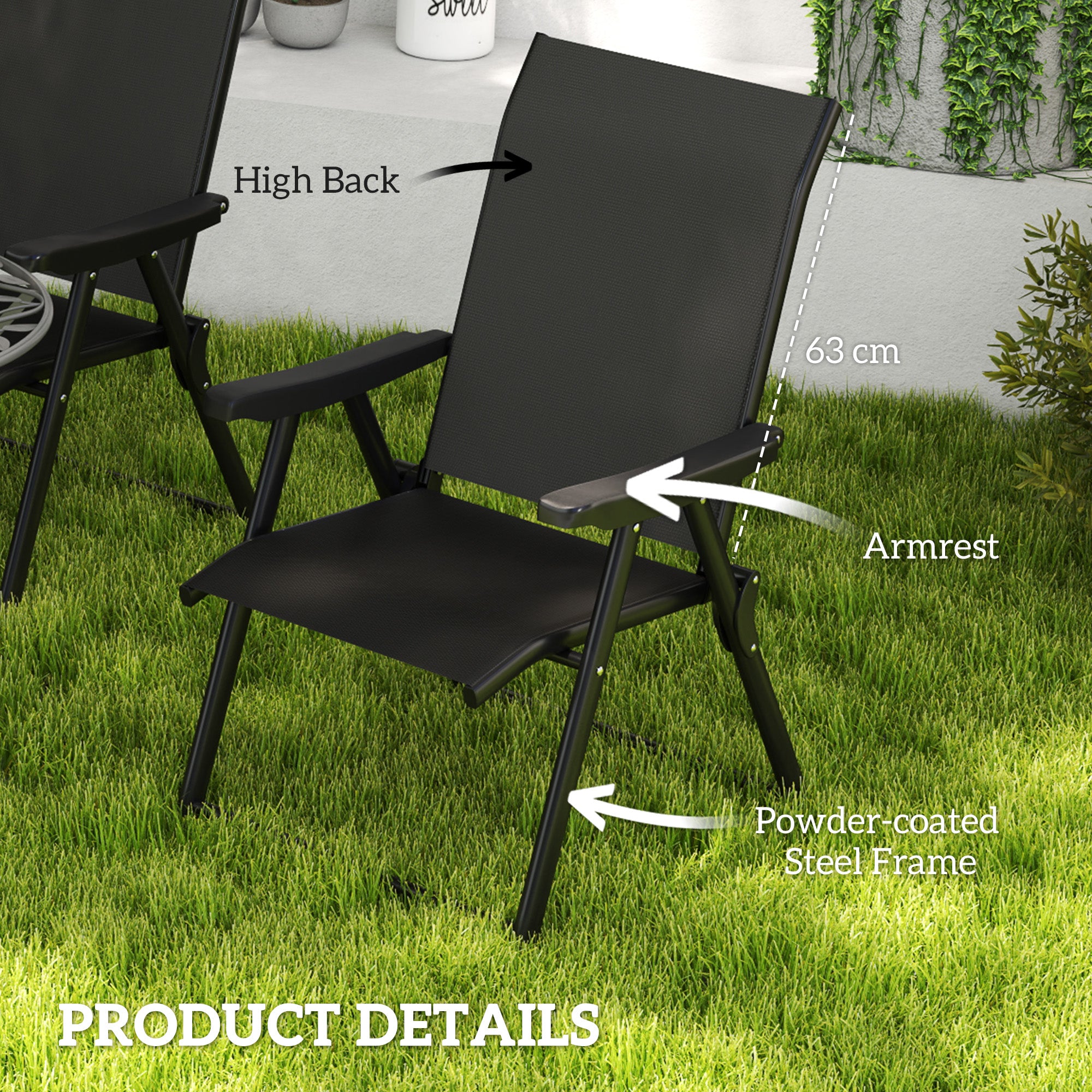 Set of 2 Folding Outdoor Chairs with Breathable Mesh Seats and Armrests - Black