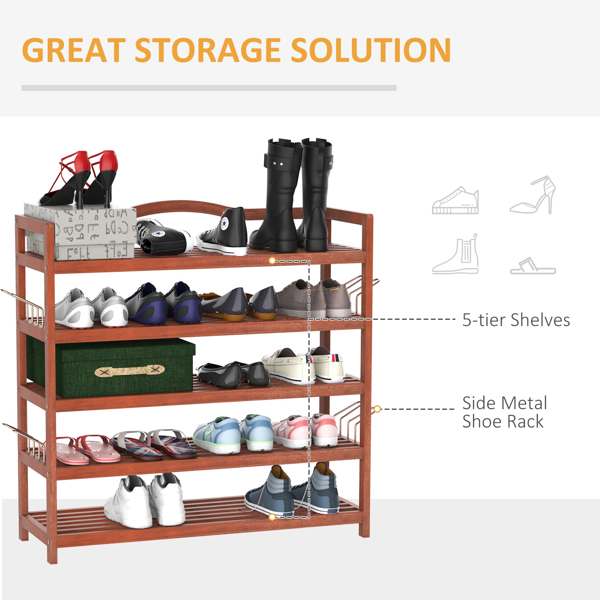 5-Tier Shoe Rack, Acacia Wooden Shoe Storage Organiser with Hangers, Holds up to 24 Pairs, for Entryway, Living Room, 84 x 26 x 82 cm, Teak