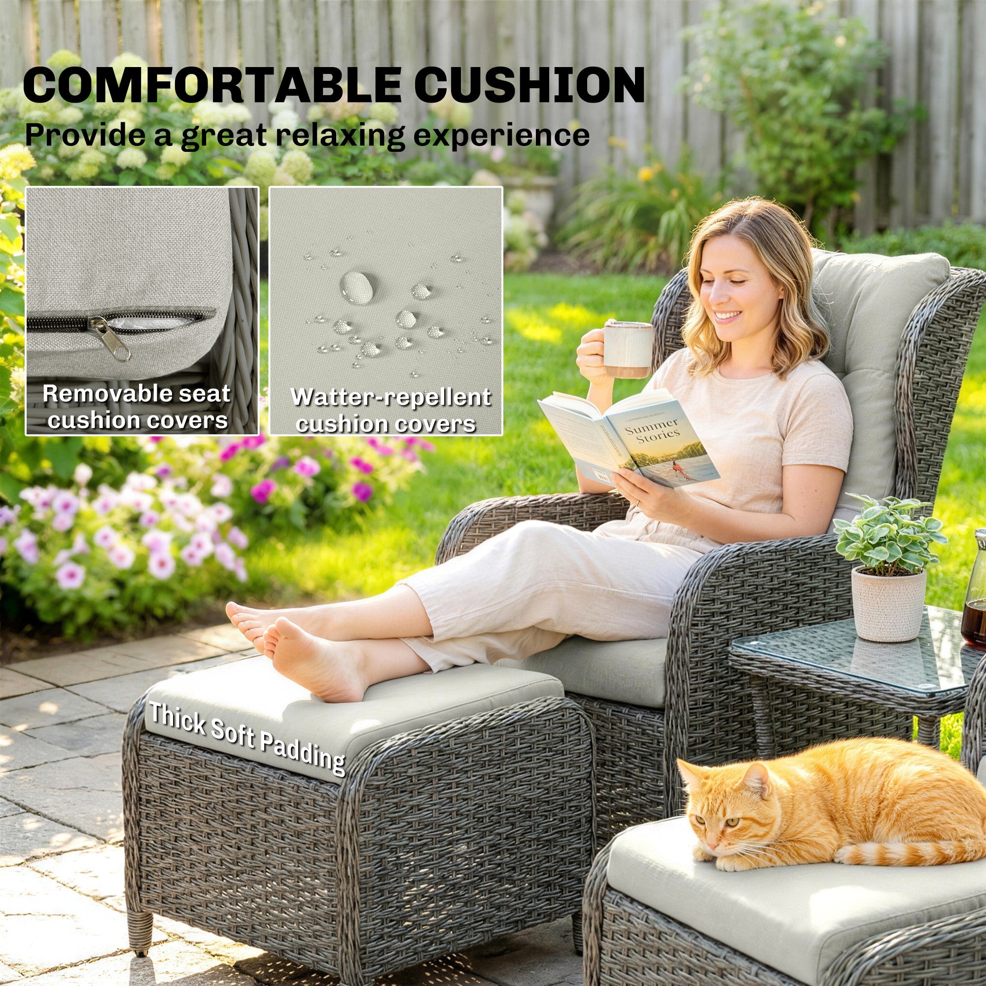 Rattan Reclining Garden Chair Set of 2 with Footstool and Cushion for Balcony, Cream