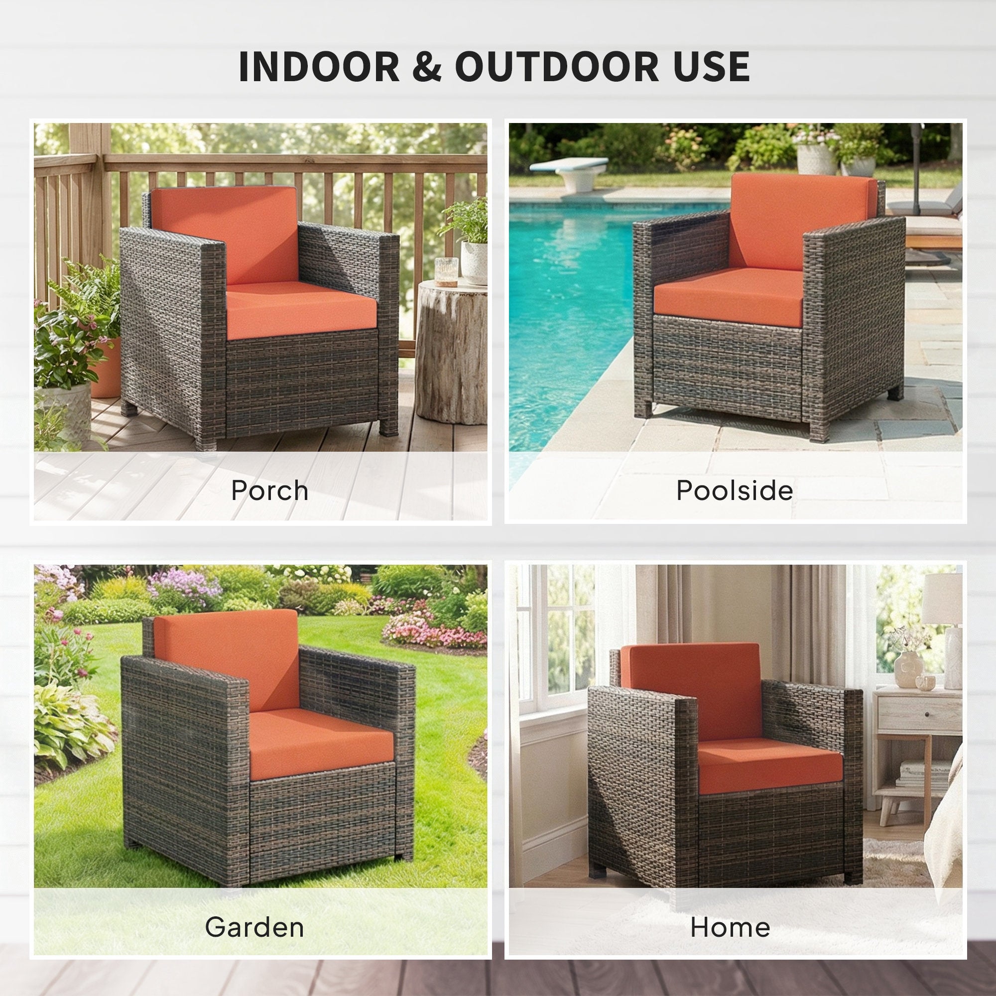 PE Rattan Garden Armchair with Cushion - Mixed Brown/Orange