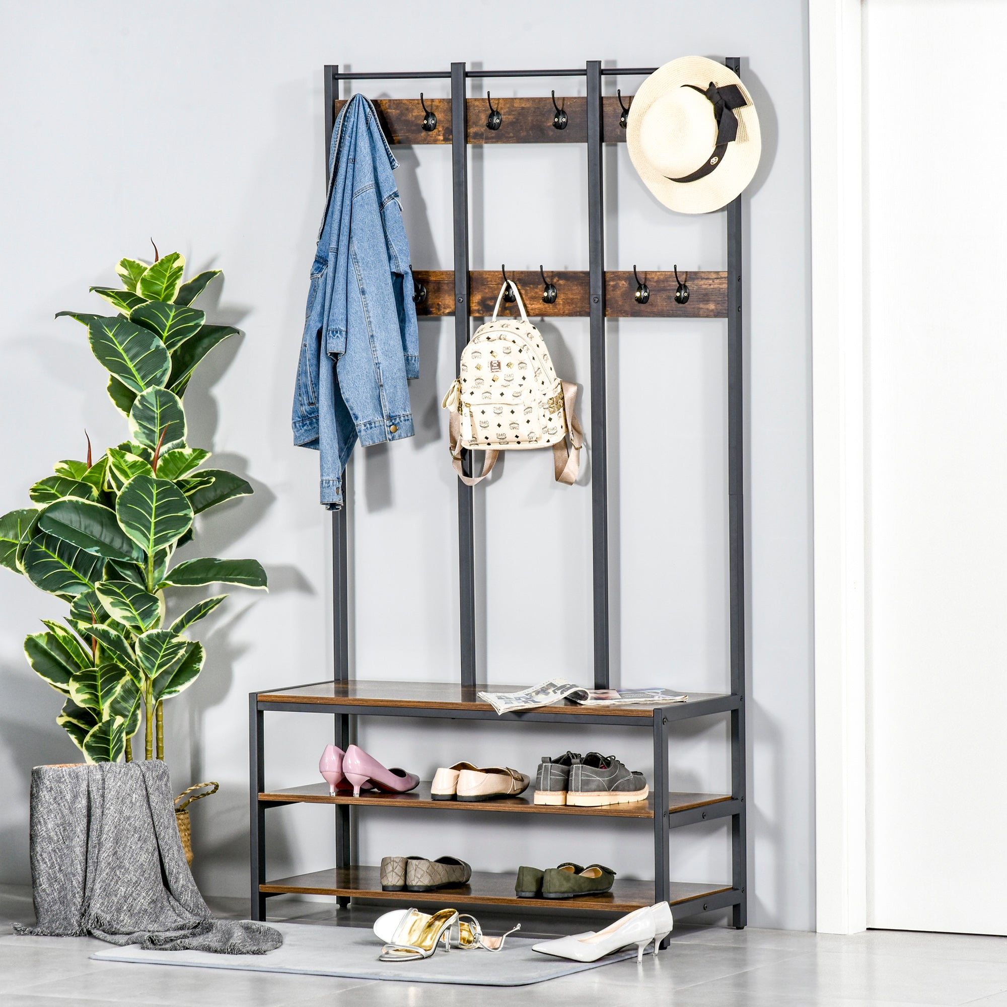 Industrial Style Coat Rack Stand with Bench, Hooks & Shoe Rack 100x38.5x185.5cm - Rustic Brown and Black