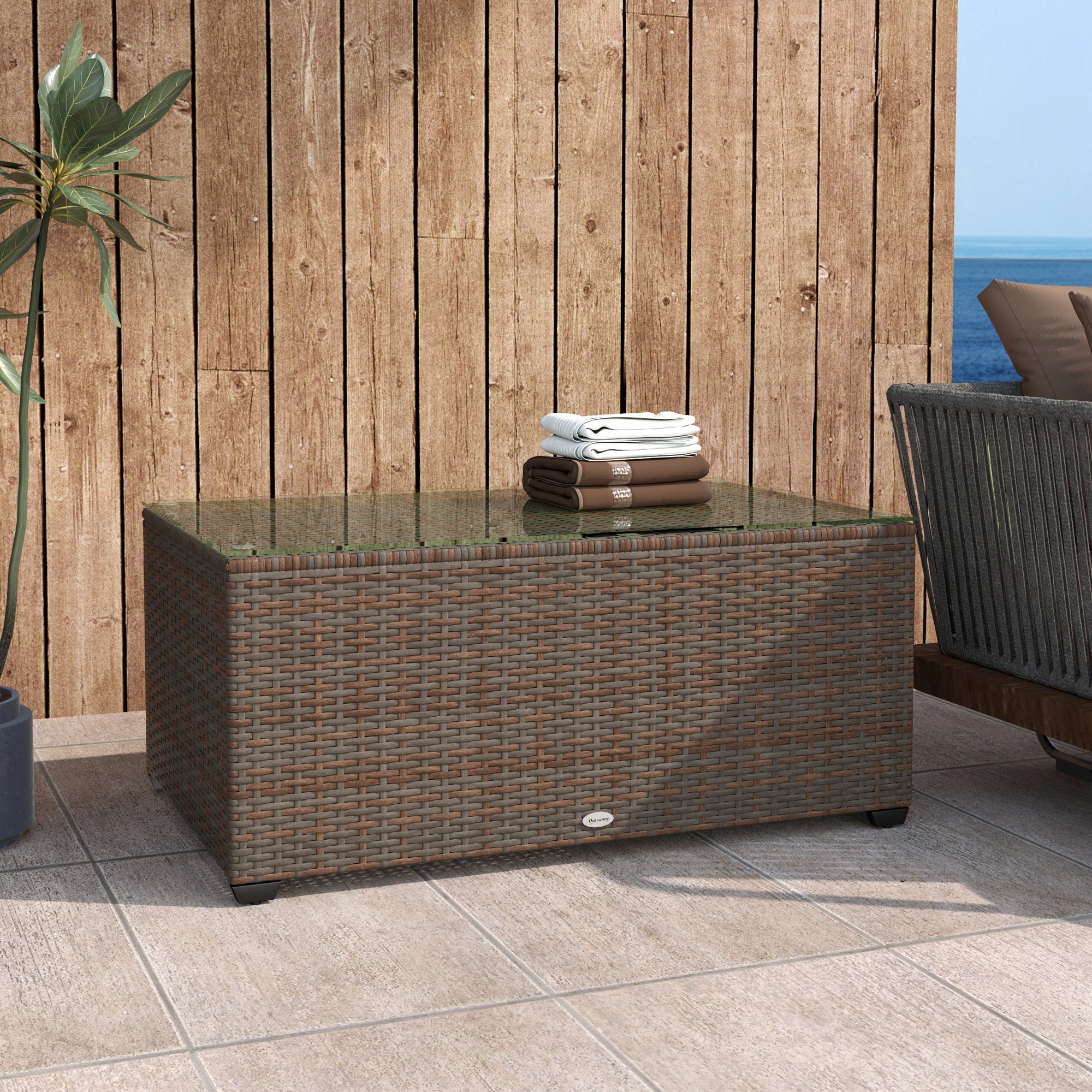 90 x 50cm Glass Top Rattan Side Table with Tempered Glass Brown