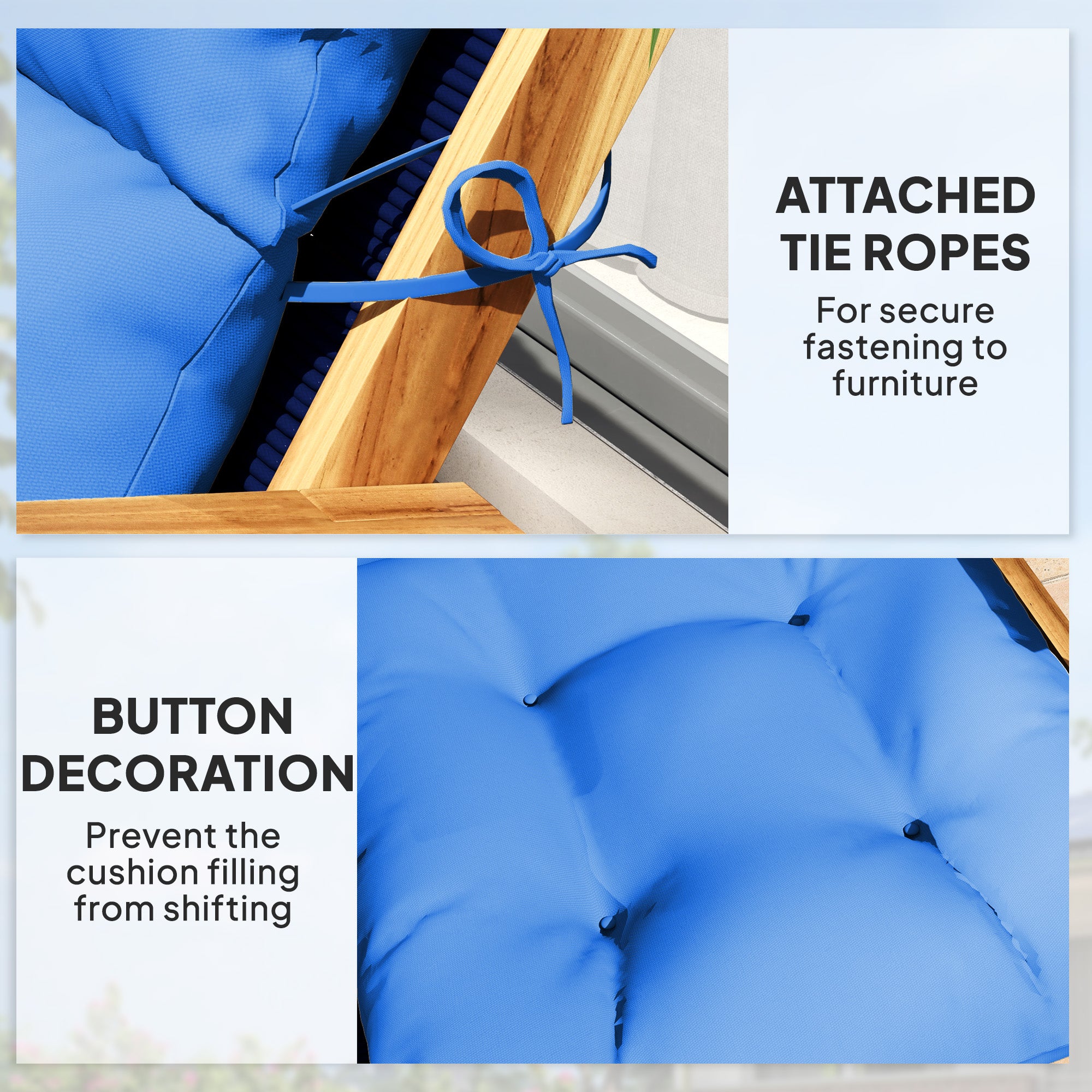 115cm Padded Rocking Chair Cushion Set with Tie Fastenings - Blue