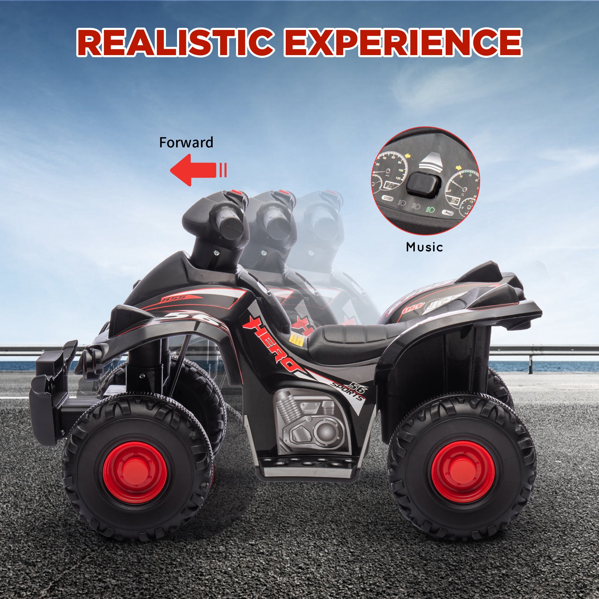 6V Kids Electric Quad Bike w/ Music, Forward Function, for 2-6 Years, Black