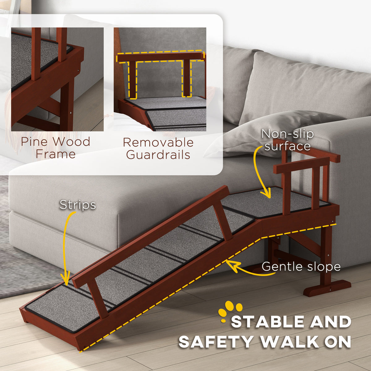 Wooden Dog Ramp with Removable Guardrails, Non-Slip Surface, 125 cm Long, Brown