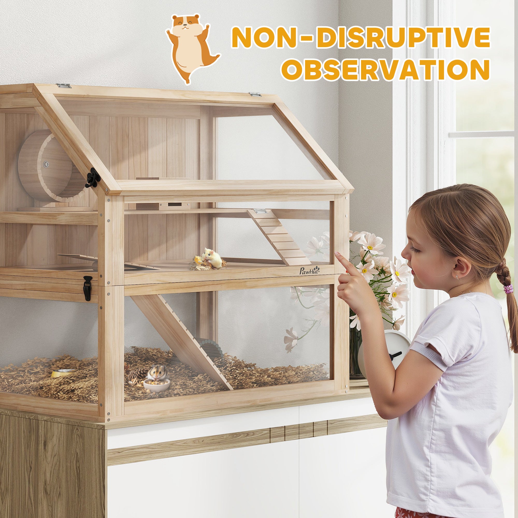 Wooden Hamster Cage with Detachable 31cm Deep Bottom, Hut, Seesaw, Exercise Wheel, Ramp, 80 x 50 x 76cm, Natural